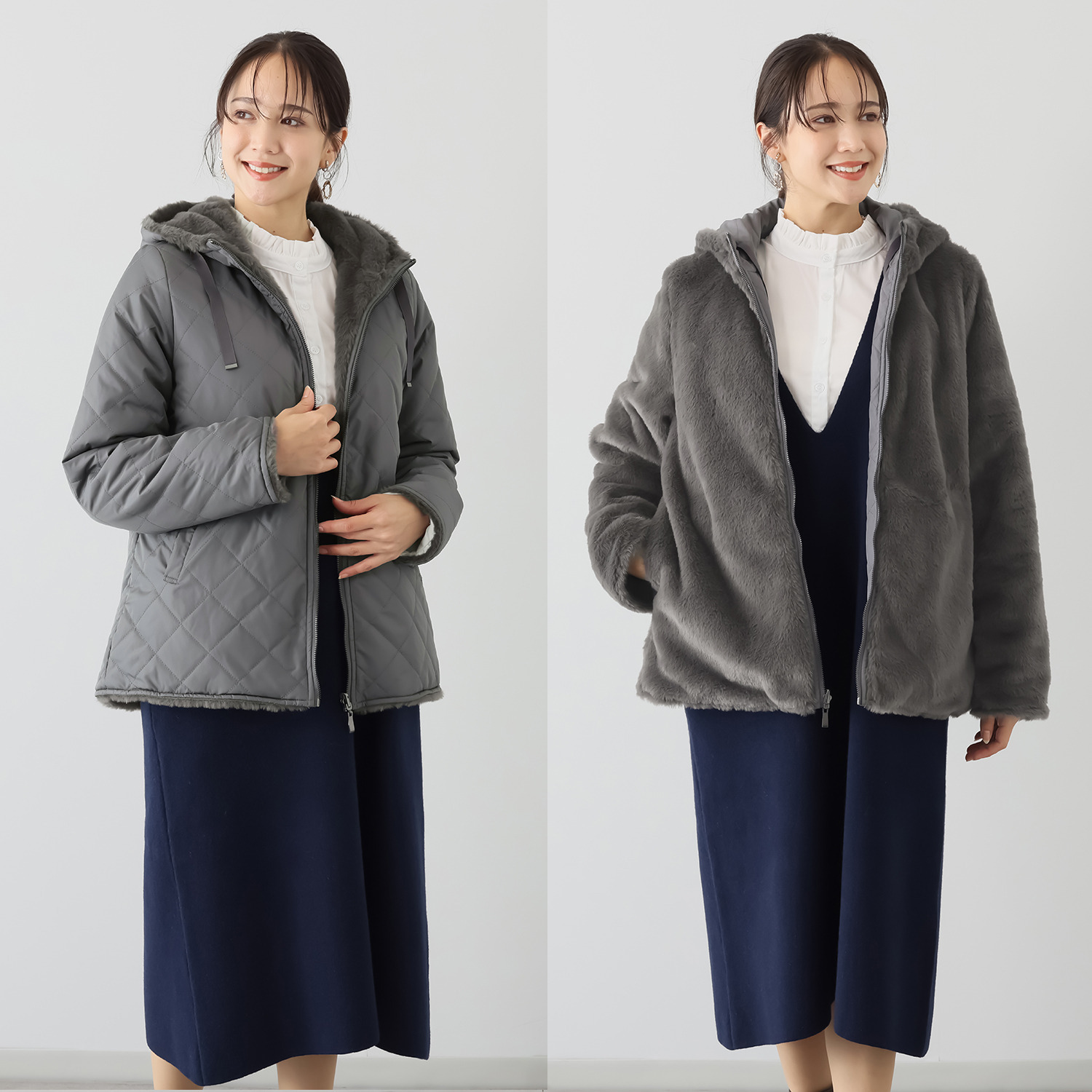 メルヴェイユ　ヴァント はっ水 中綿キルト ミンクタッチファー リバーシブルジャケット