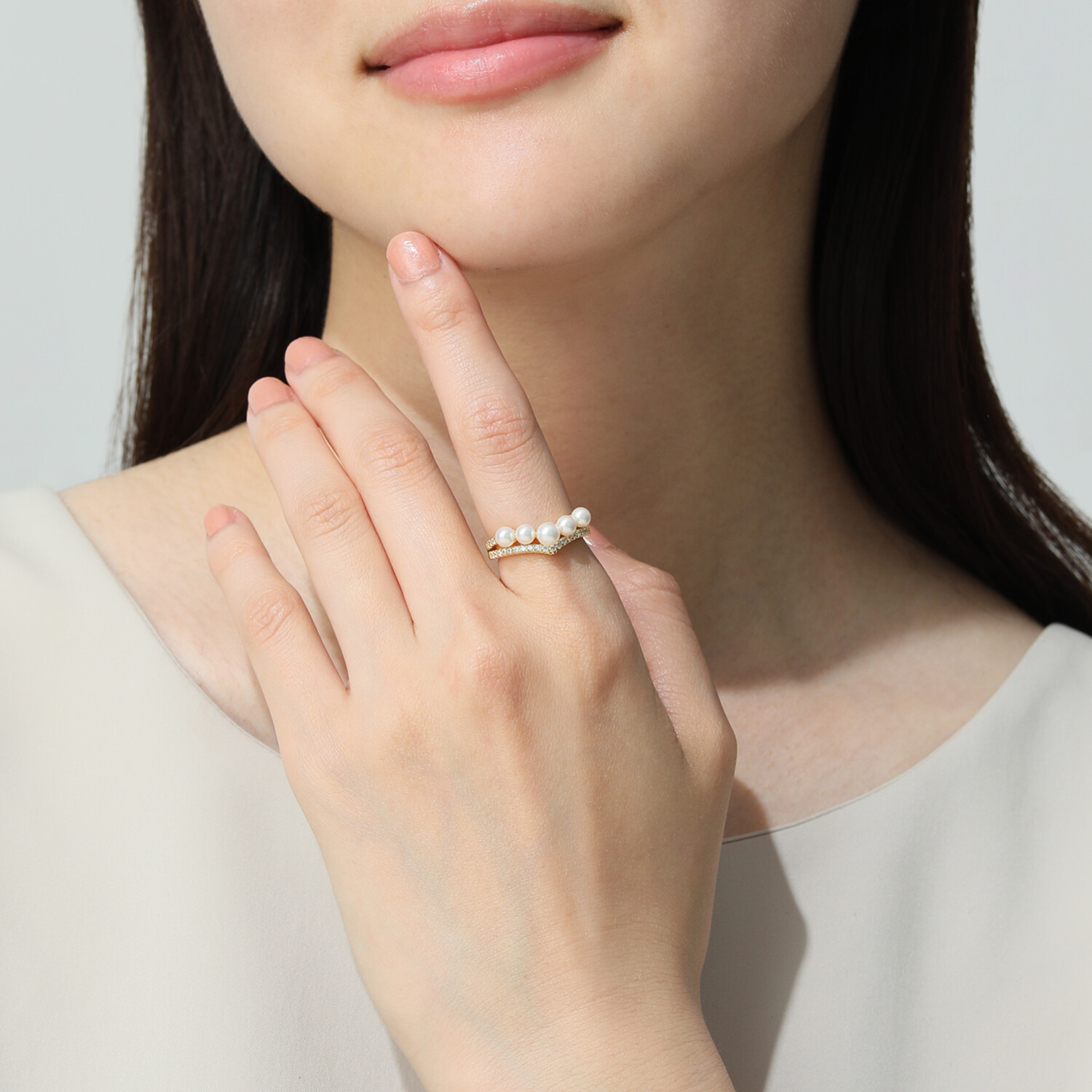 プレミアムパール 泉州の職人技 ベビー貝パール＆ＣＺ Ｖスタイル エレガントリング