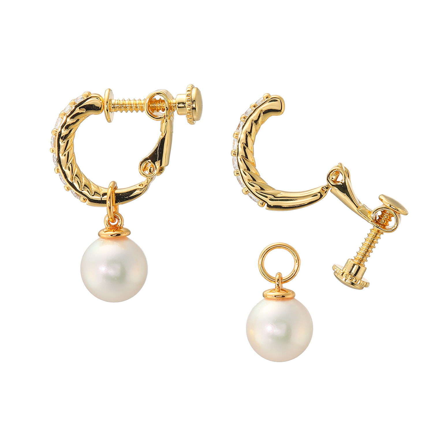 プレミアムパール 泉州の職人技 貝パール＆ＣＺ チャーム付　２ウェイ イヤリング／ピアス