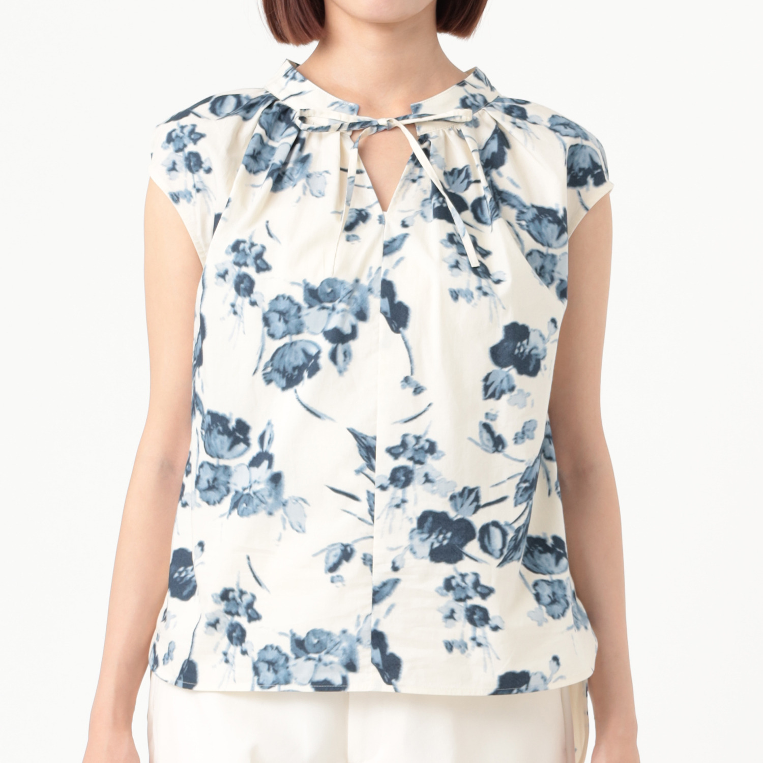 イフェメル／ ダブルフェーストーキョー 日本製 ボタニカル柄プリント フレンチスリーブブラウス