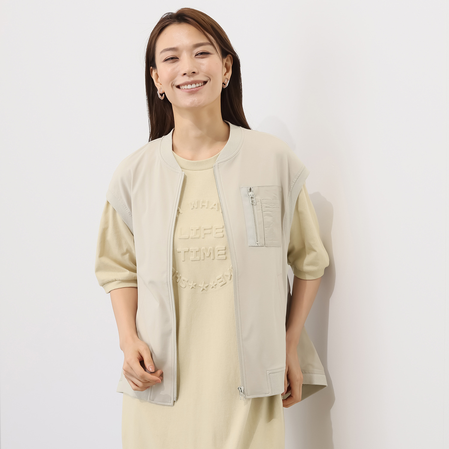 エムズ　スタイル プルオーバーにもなる 異素材切替 バックフレアージレ