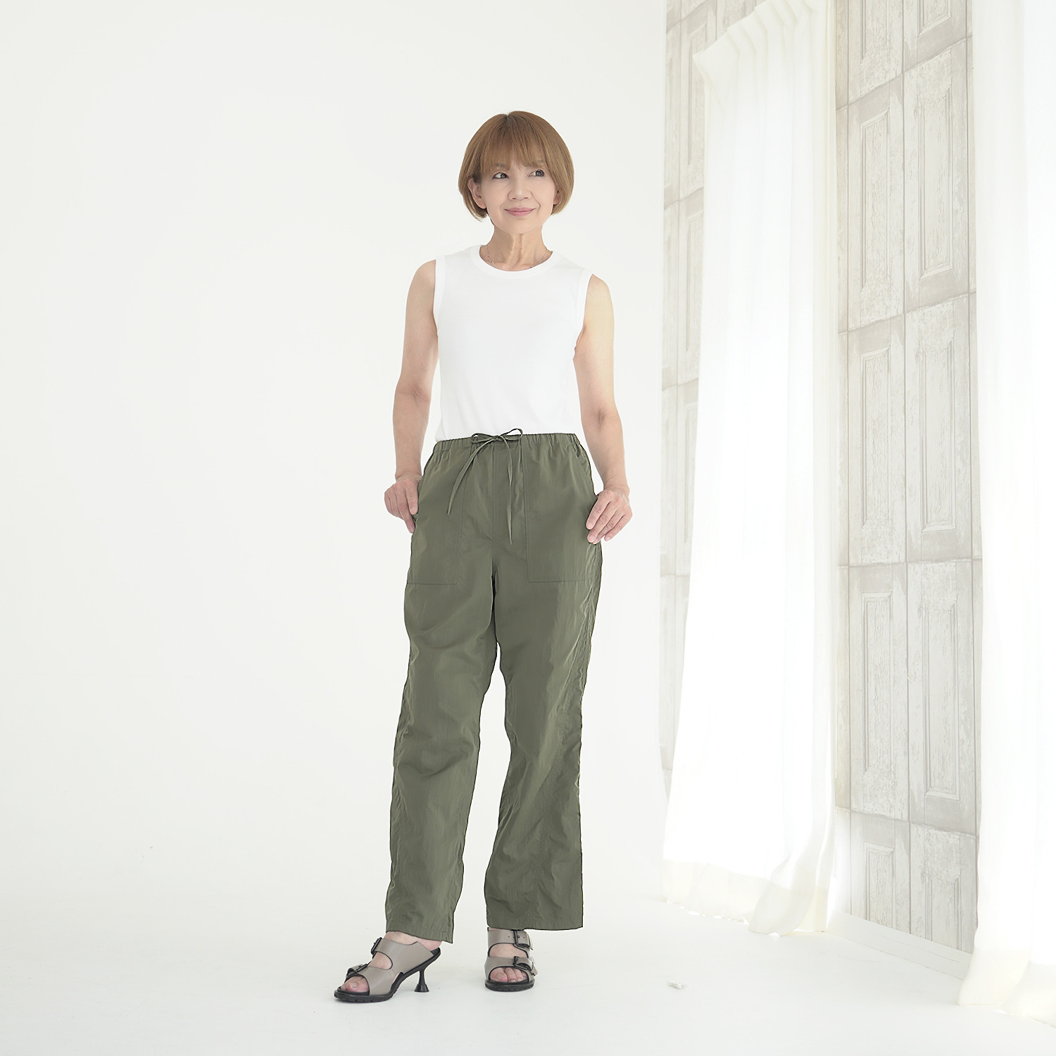 エムズ　スタイル ナイロン混ヴィンテージ 切替デザイン バックベルトアクセント ベイカーパンツ