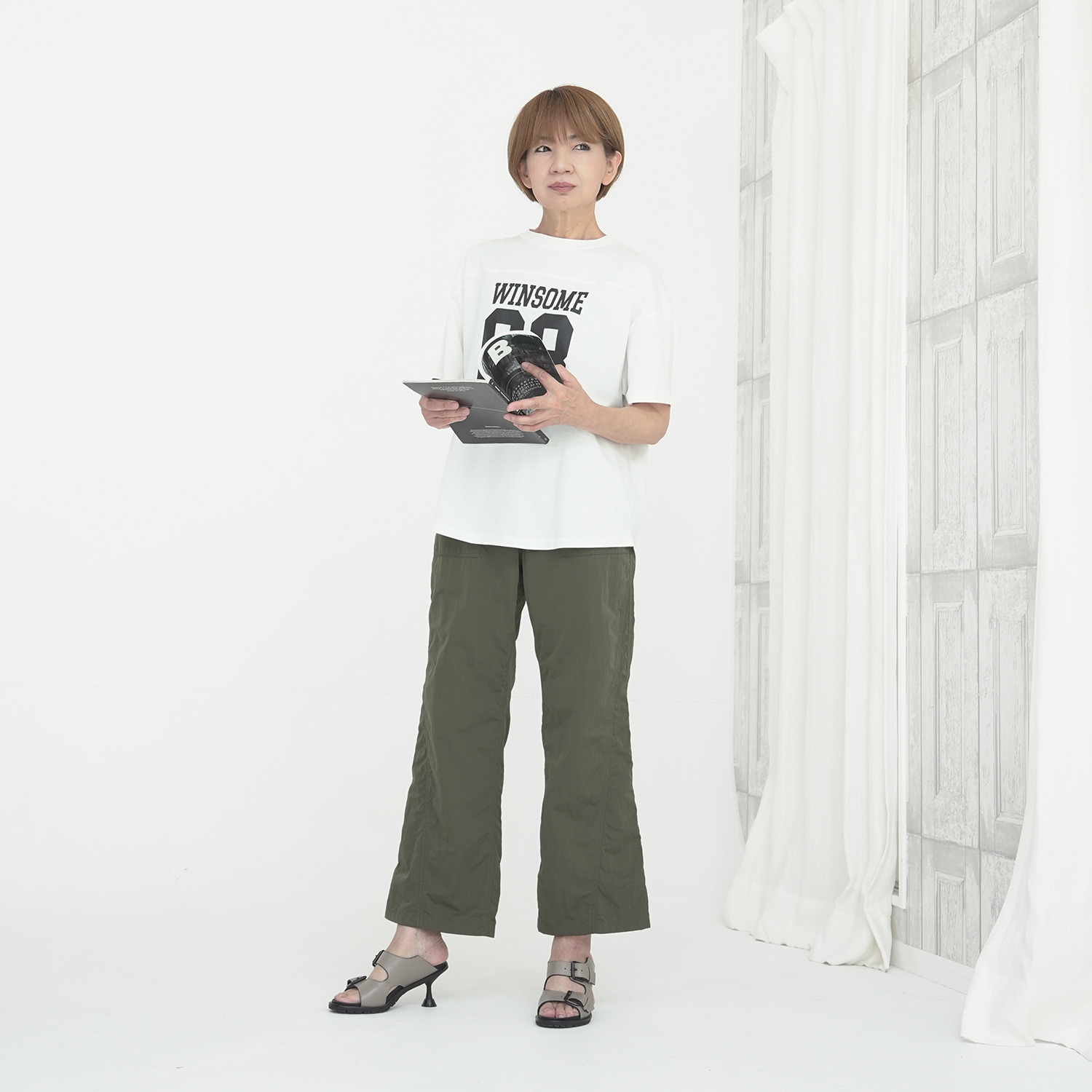 エムズ　スタイル ナイロン混ヴィンテージ 切替デザイン バックベルトアクセント ベイカーパンツ