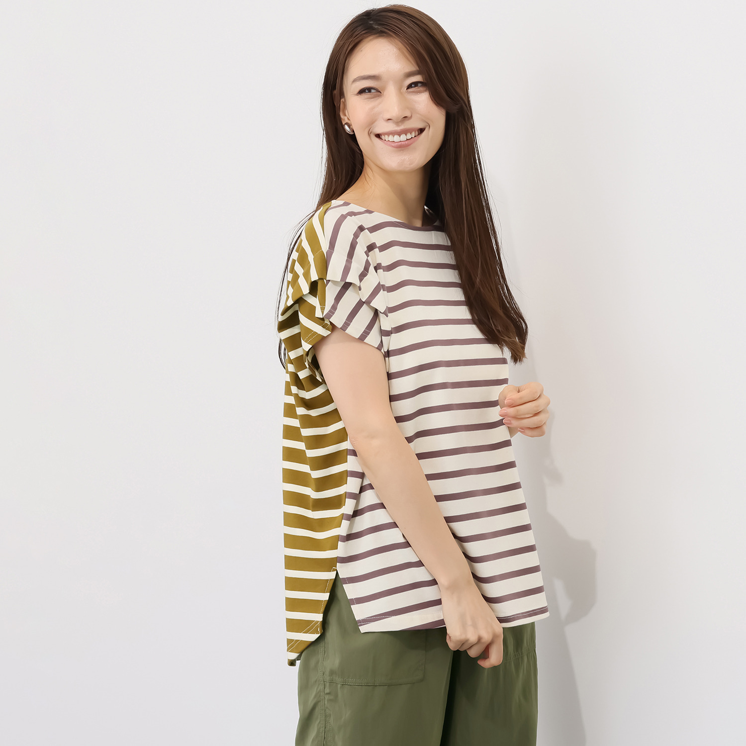 エムズ　スタイル コットンスムース 前後配色デザイン 大人ボーダープルオーバー