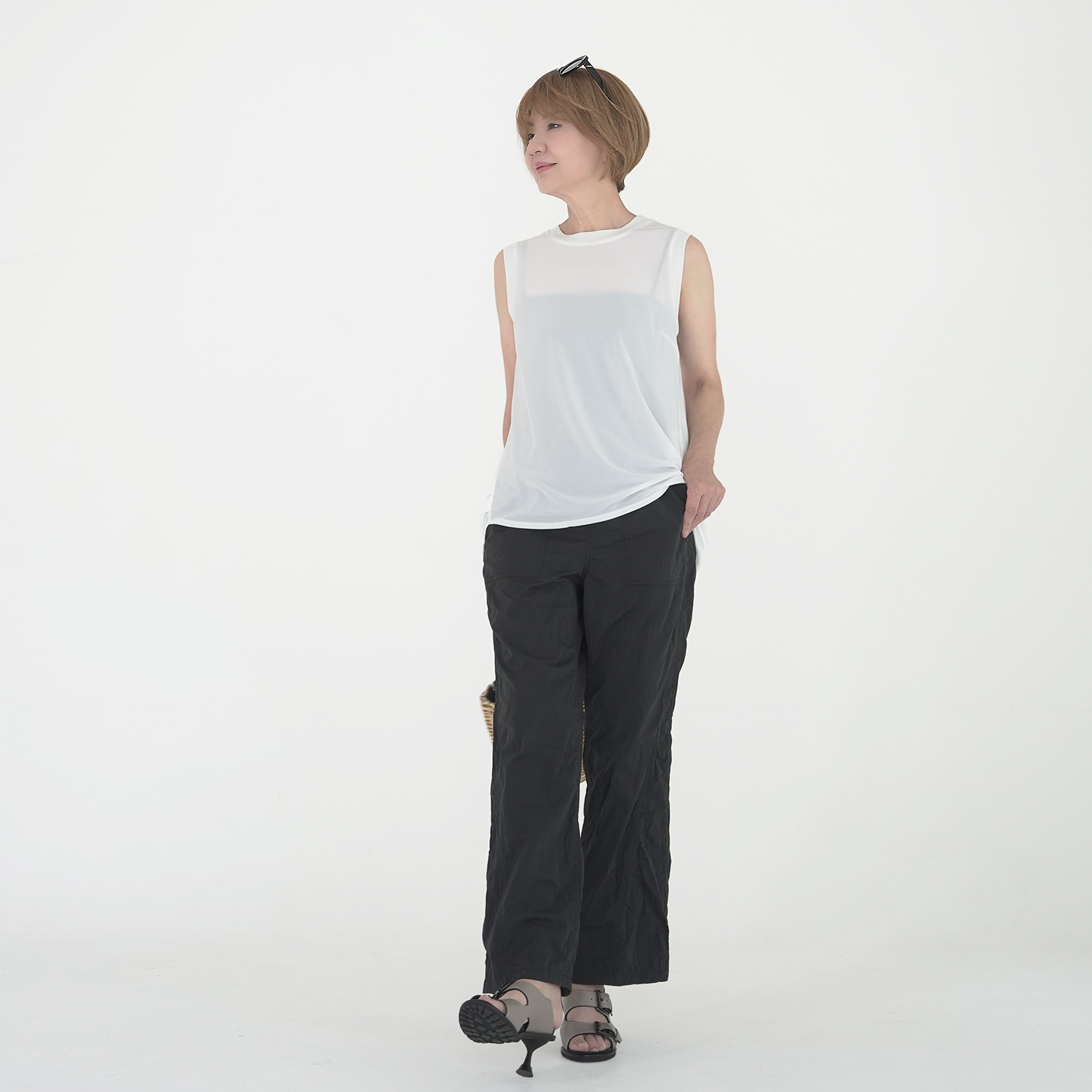 エムズ　スタイル クリンプスムースエアー シアーノースリーブ プルオーバー