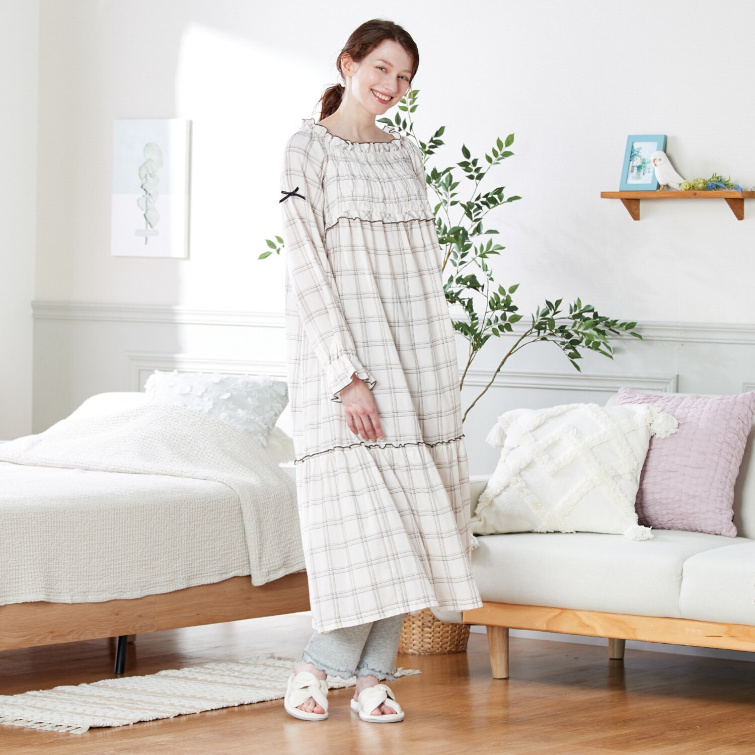 ナルエー 綿１００％ ダブルガーゼ チェックワンピース