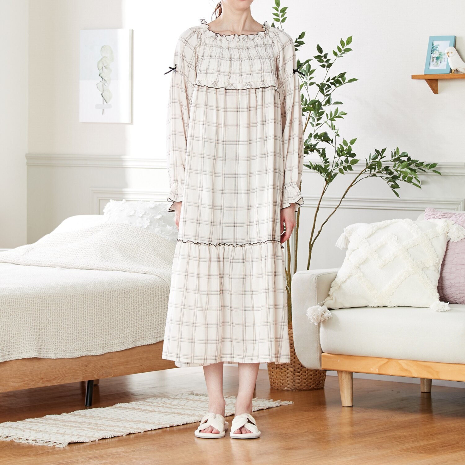 ナルエー 綿１００％ ダブルガーゼ チェックワンピース