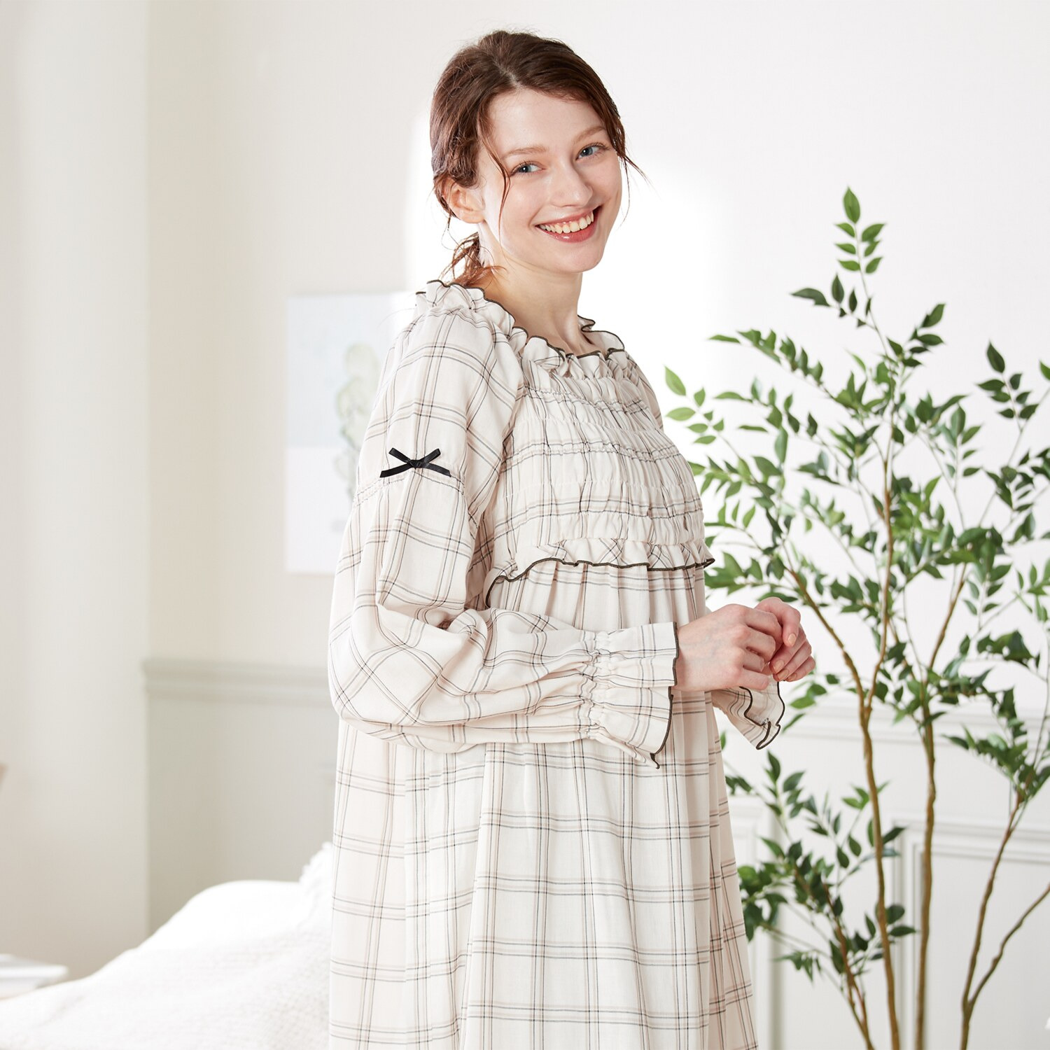 ナルエー 綿１００％ ダブルガーゼ チェックワンピース