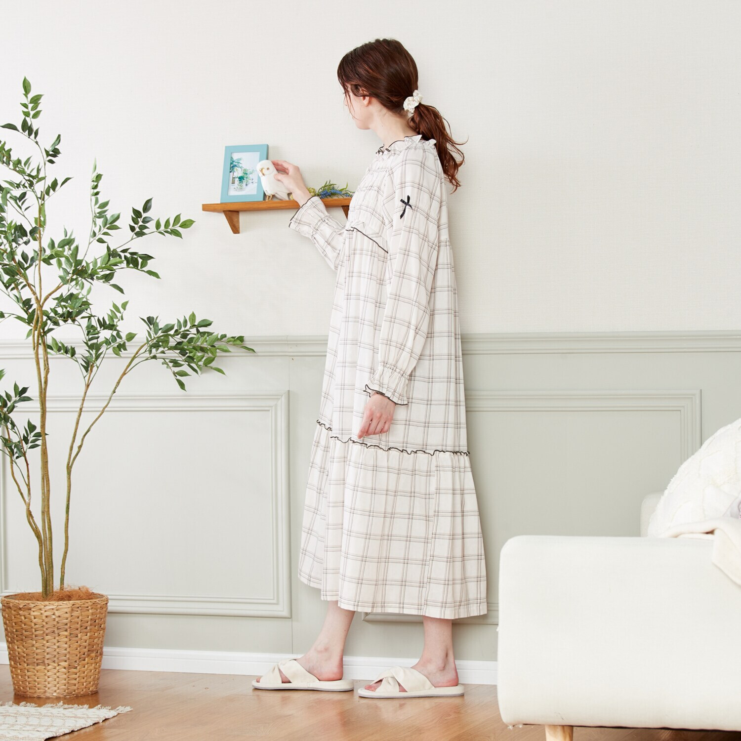 ナルエー 綿１００％ ダブルガーゼ チェックワンピース