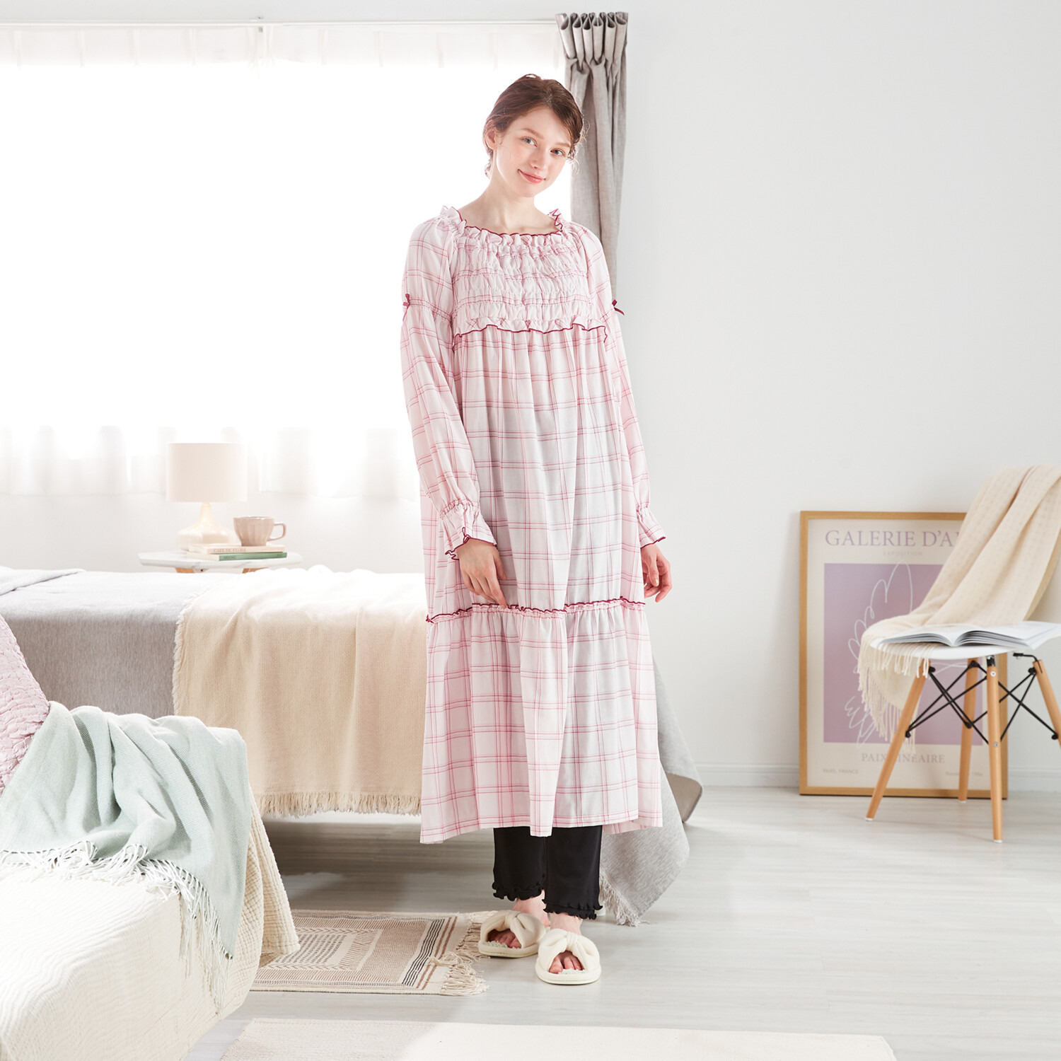 ナルエー 綿１００％ ダブルガーゼ チェックワンピース