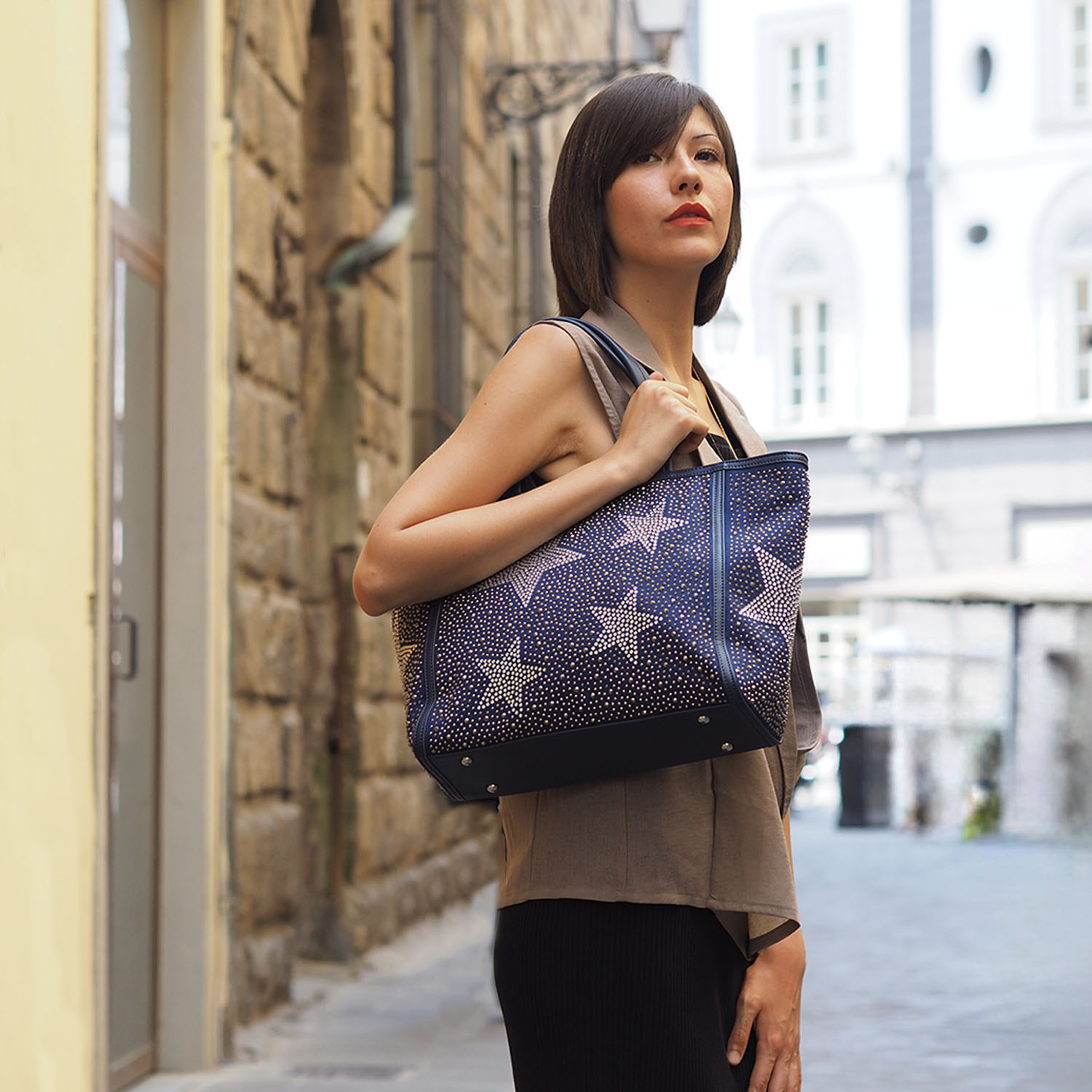 グッシオイタリー イタリアデザイン 星柄ラインストーン トートバッグ＆ ポーチセット