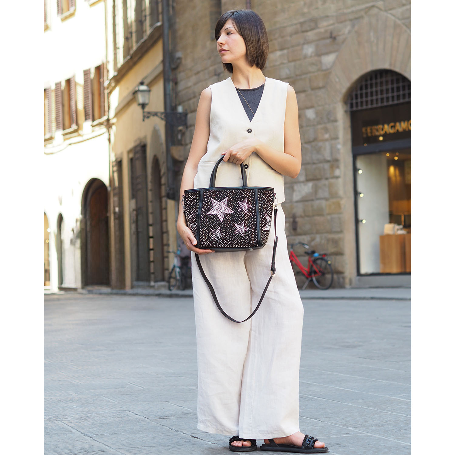 グッシオイタリー イタリアデザイン 星柄ラインストーン ２ウェイバッグ＆ ポーチセット