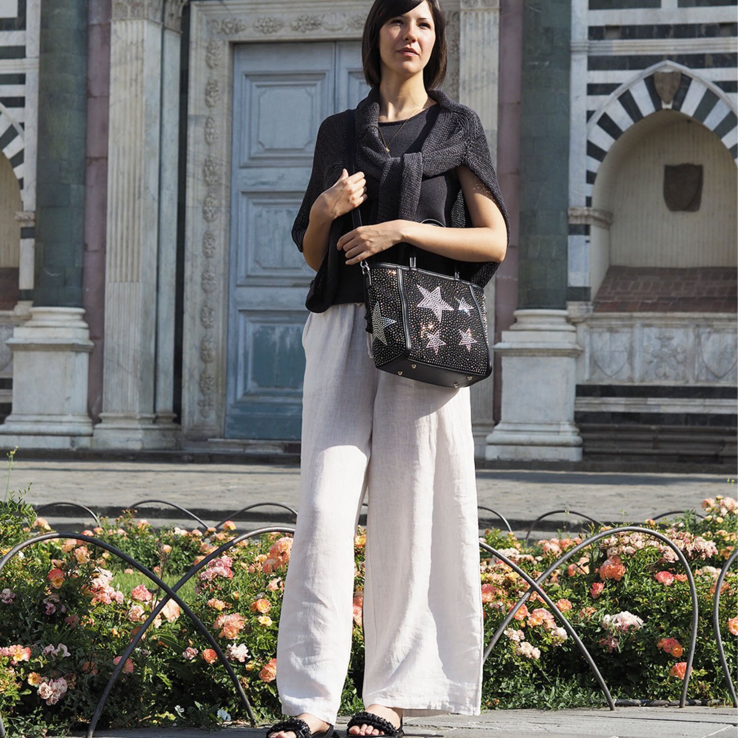 グッシオイタリー イタリアデザイン 星柄ラインストーン ２ウェイバッグ＆ ポーチセット