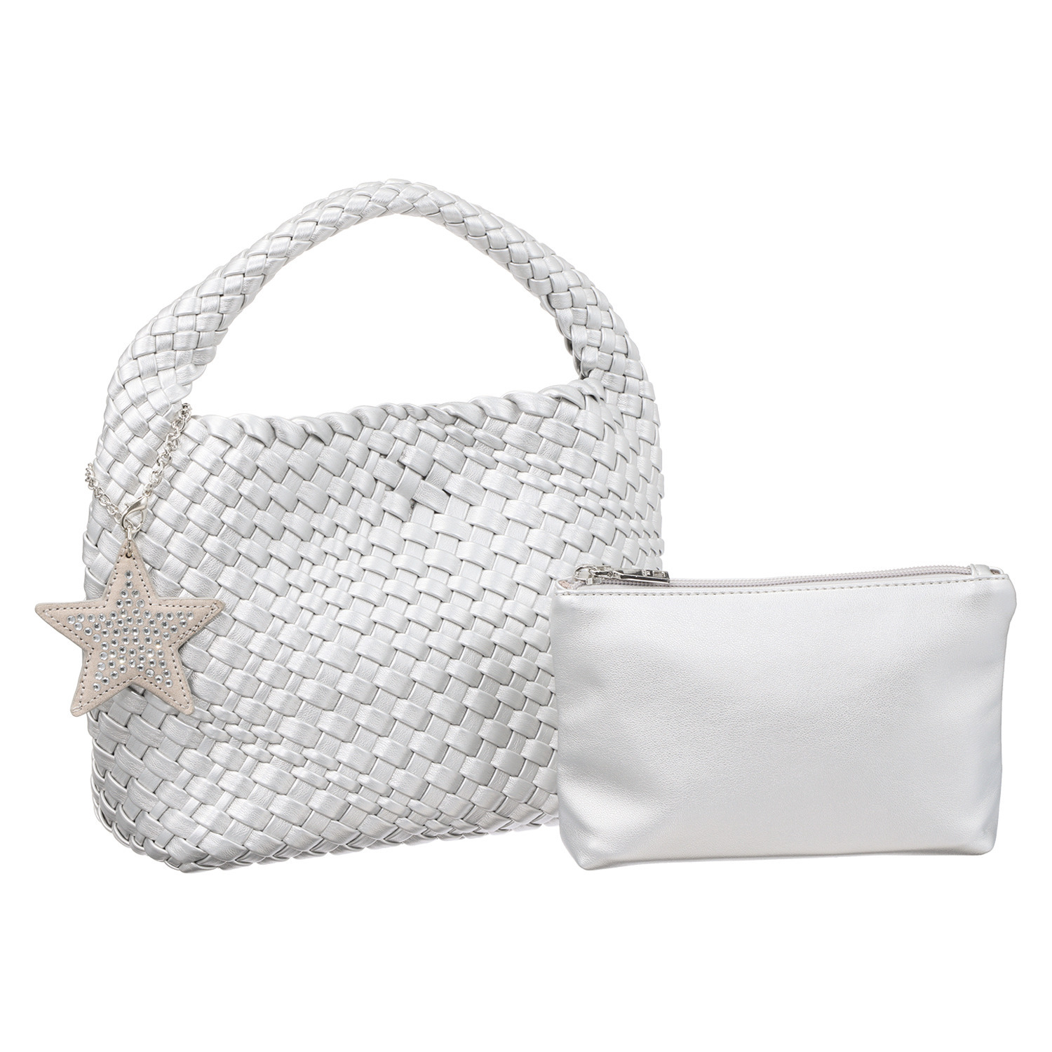 グッシオイタリー 柔らかレザータッチ 編み込みメッシュ トートバッグ＆ポーチ ＜星形チャーム付＞