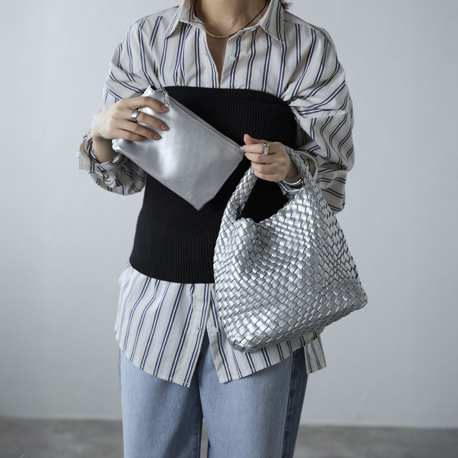 グッシオイタリー 柔らかレザータッチ 編み込みメッシュ トートバッグ＆ポーチ ＜星形チャーム付＞