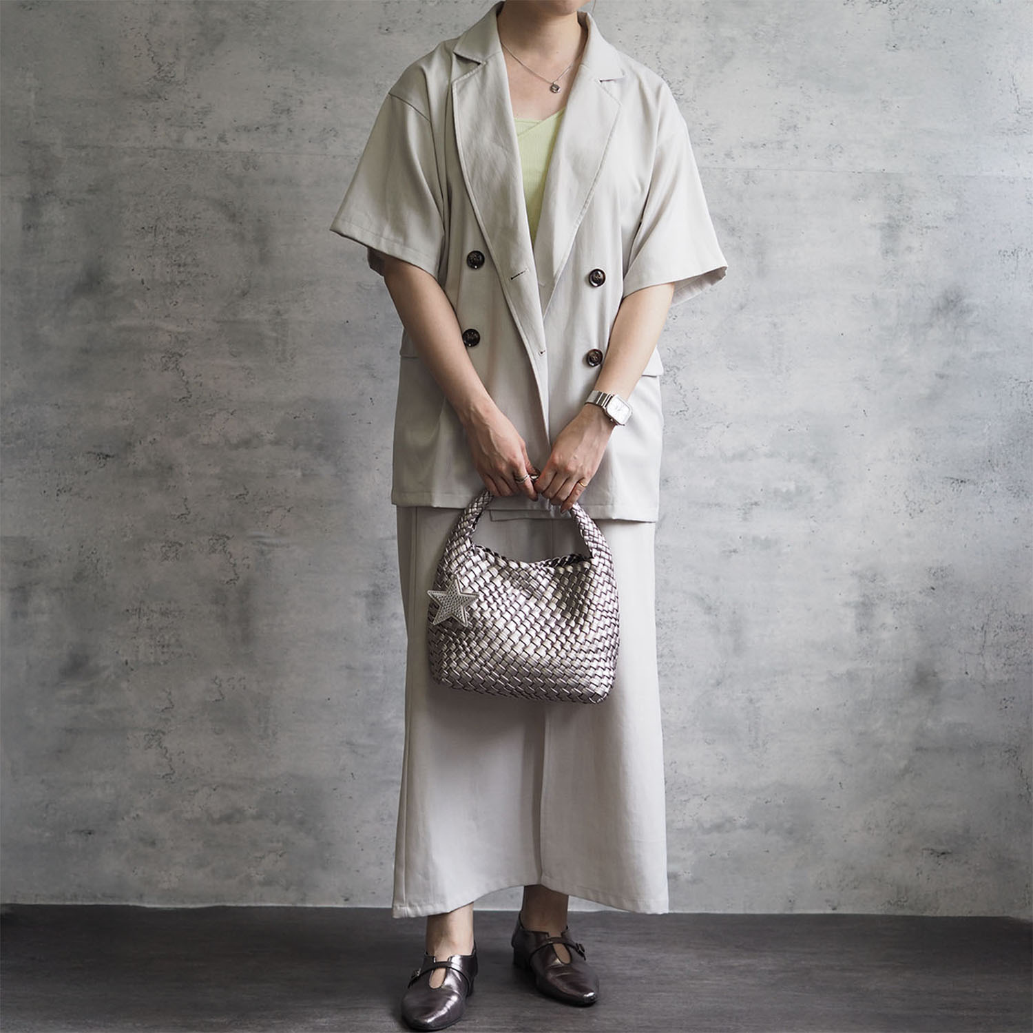 グッシオイタリー 柔らかレザータッチ 編み込みメッシュ トートバッグ＆ポーチ ＜星形チャーム付＞