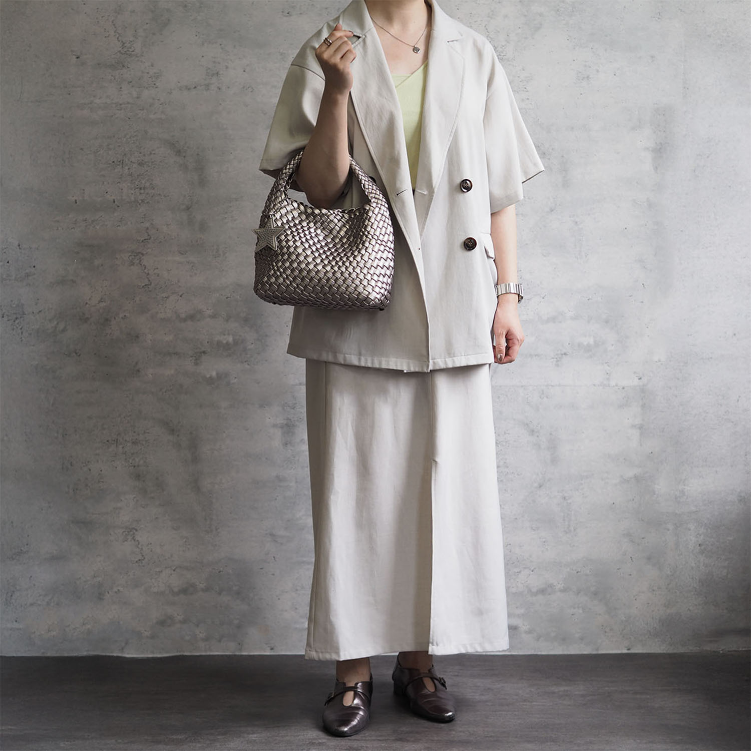 グッシオイタリー 柔らかレザータッチ 編み込みメッシュ トートバッグ＆ポーチ ＜星形チャーム付＞