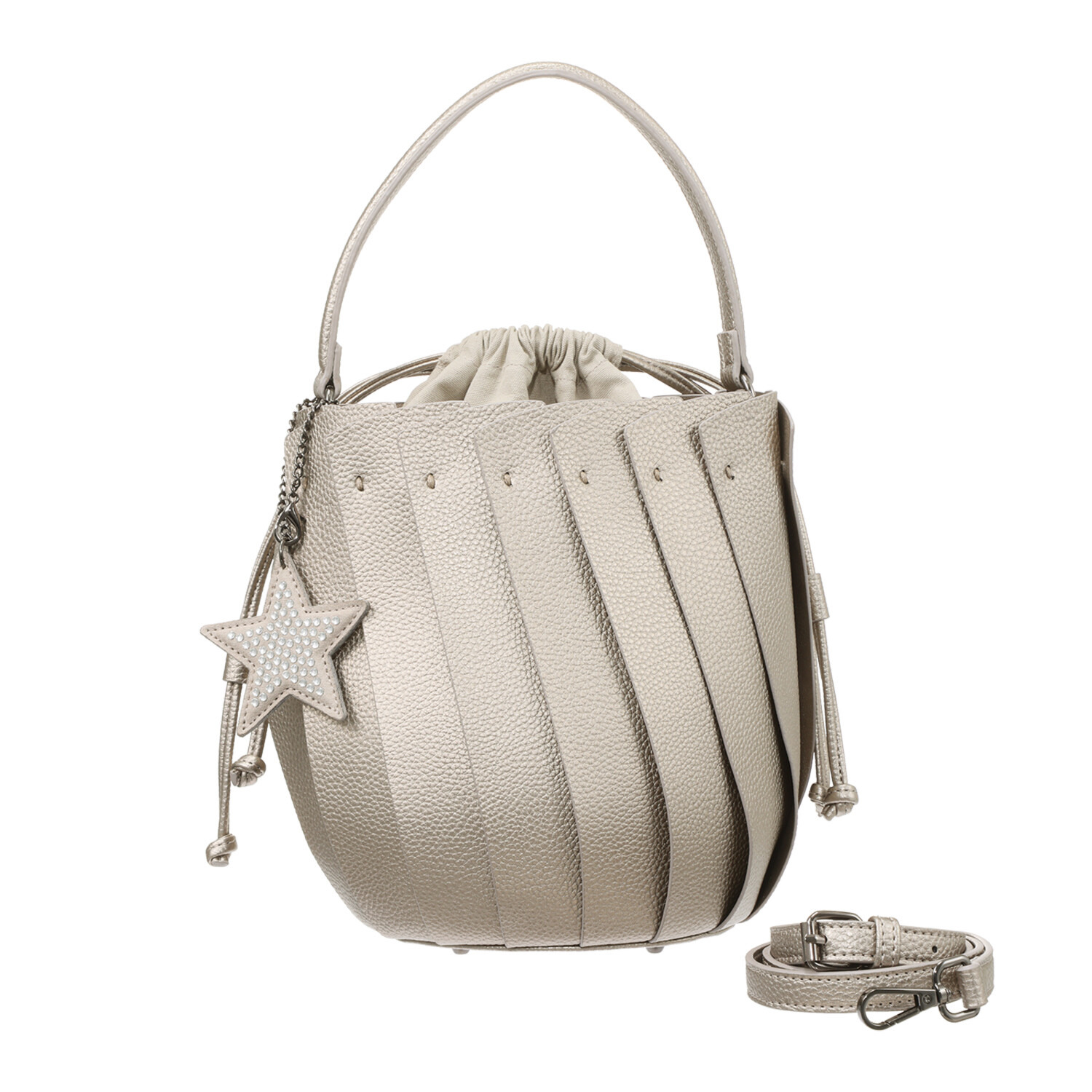 グッシオイタリー こだわりのレザータッチ ２ウェイプリーツ 巾着バッグ ＜星型チャーム付＞