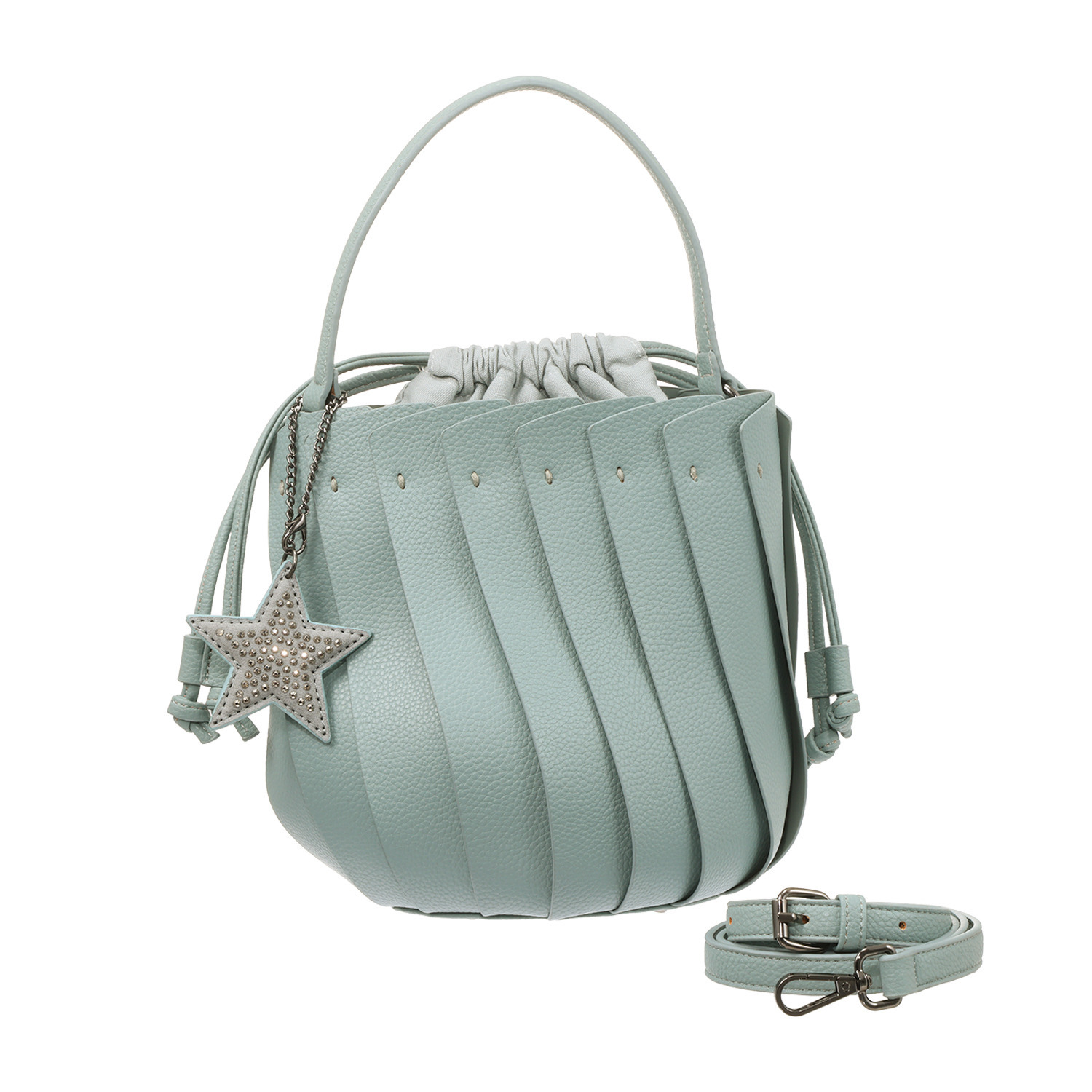 グッシオイタリー こだわりのレザータッチ ２ウェイプリーツ 巾着バッグ ＜星型チャーム付＞