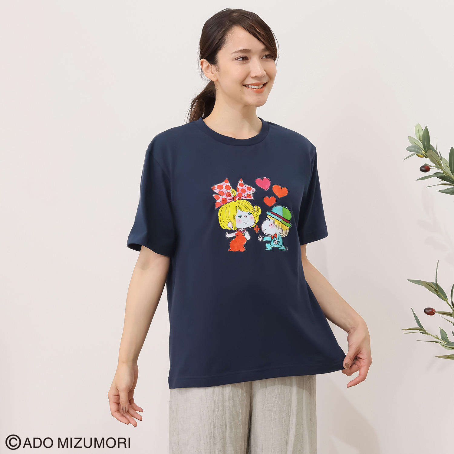 水森亜土 綿１００％爽やか天竺 転写プリント ルームＴシャツ
