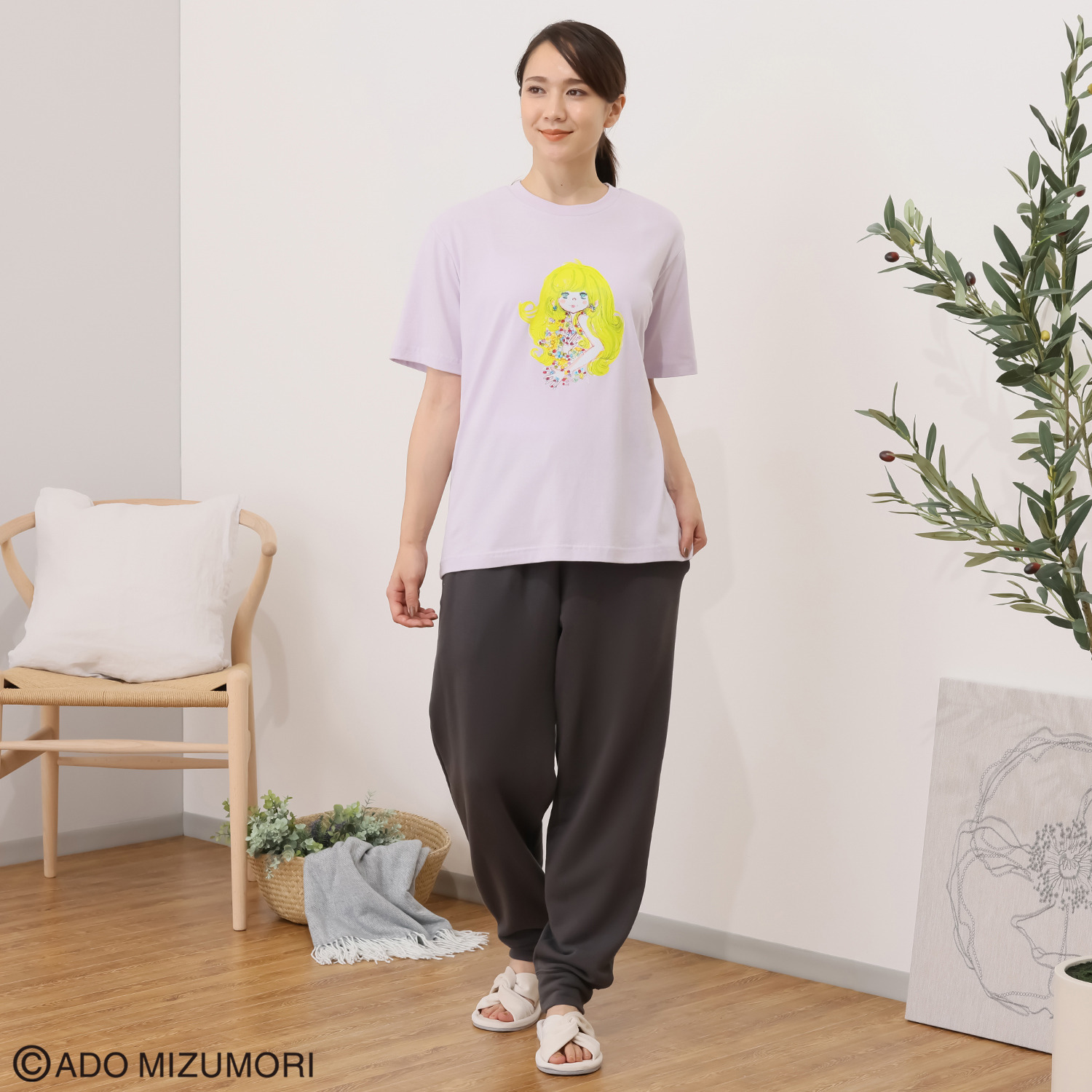 水森亜土 綿１００％爽やか天竺 転写プリント ルームＴシャツ