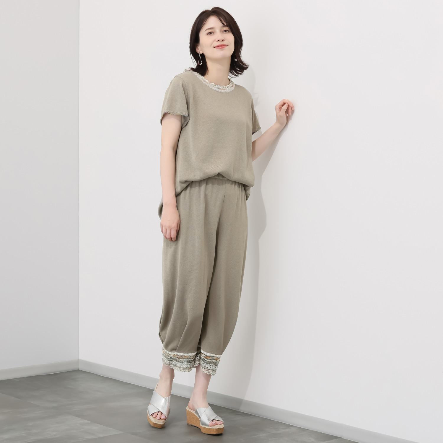 イイネス ファンシーヤーンミックス 切替デザイン パンツ