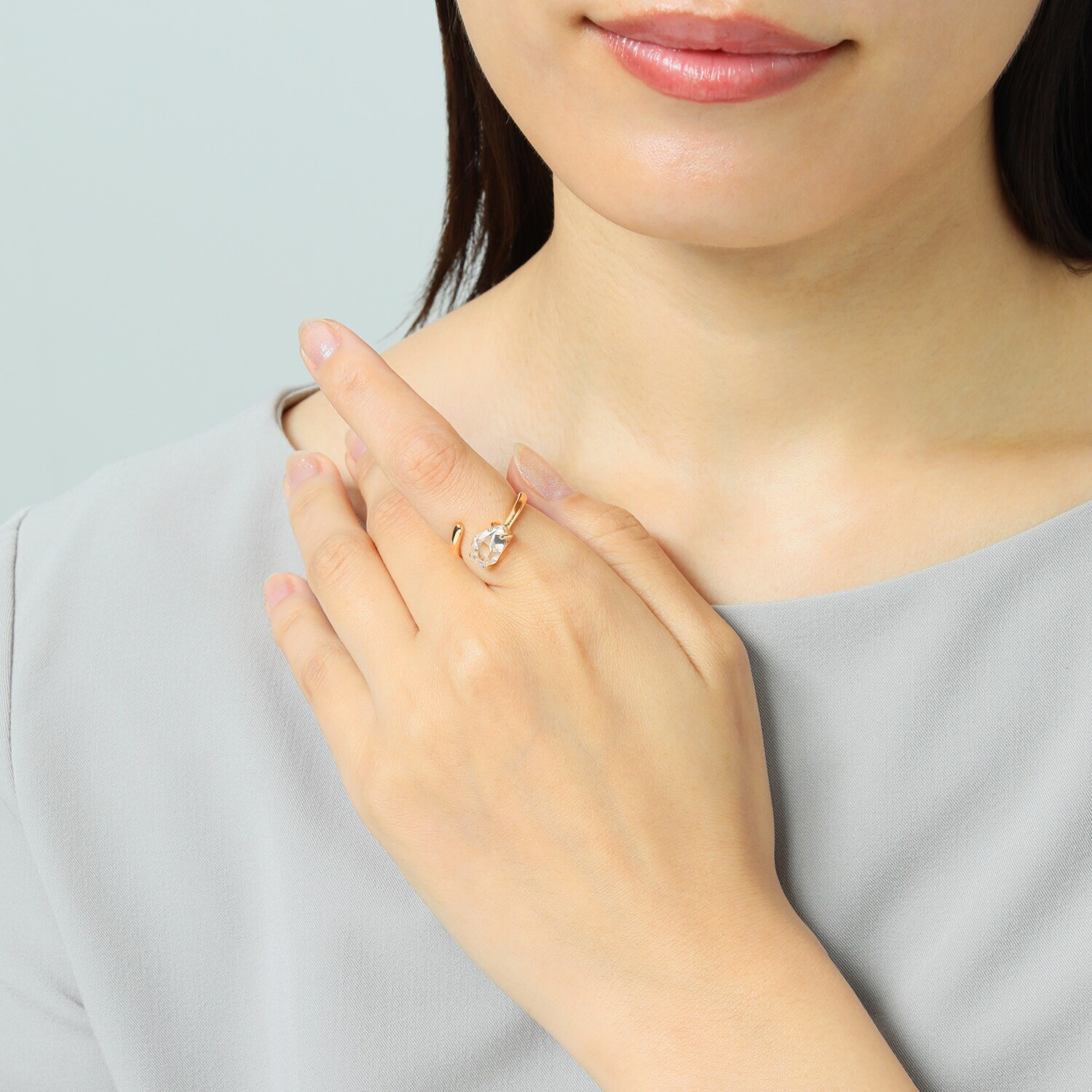 ハーキマーダイヤモンド １０ｍｍＵＰ ロッククリスタルクォーツ スパイラルデザイン フォークリング