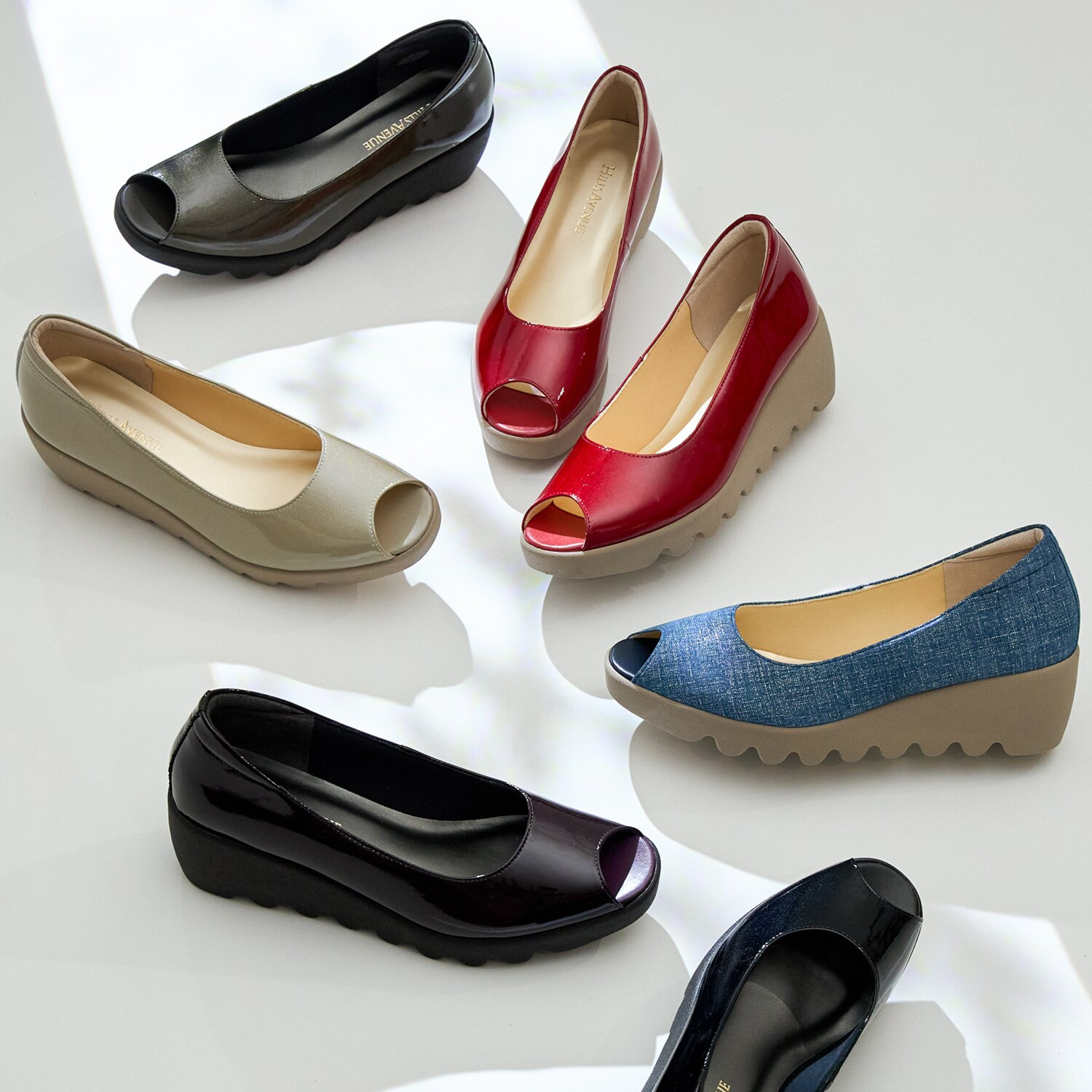 ヒルズアヴェニュー ＜日本製＞ レザー オープントゥ ウェーブソールパンプス