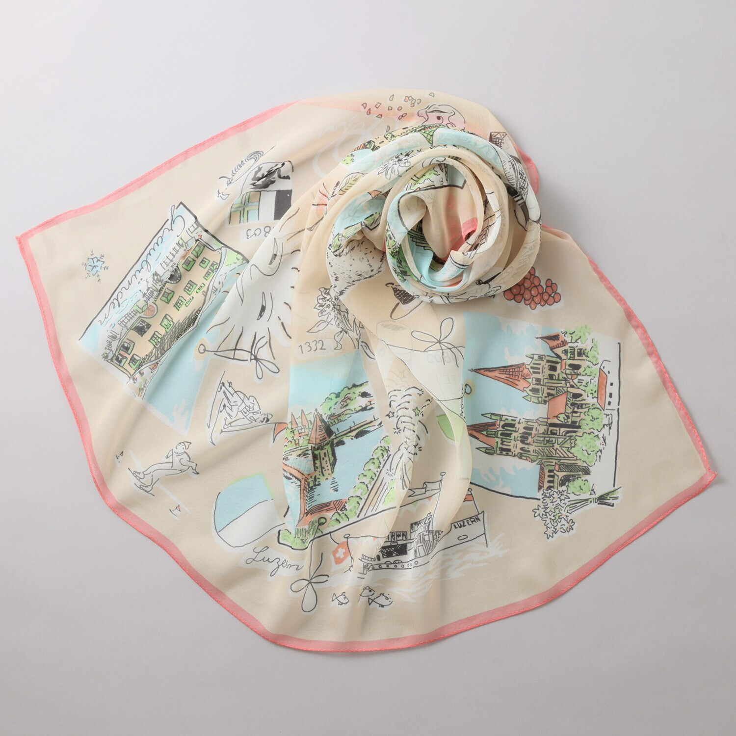 クーコ 日本製 シルク１００％シフォン 横浜アーカイブデザイン スカーフ　“スイス”