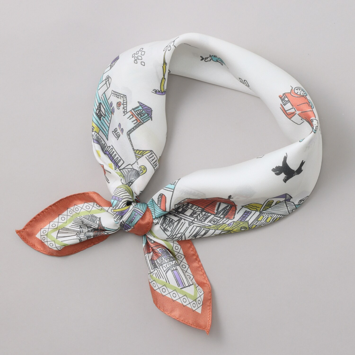 クーコ 日本製 シルク１００％ツイル 横浜アーカイブデザイン スカーフ　“ヴィレッジ”