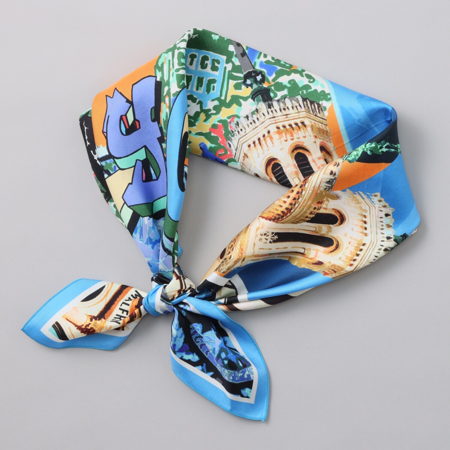 クーコ フランス製 シルク１００％ツイル リヨンシティプリント スクエアスカーフ