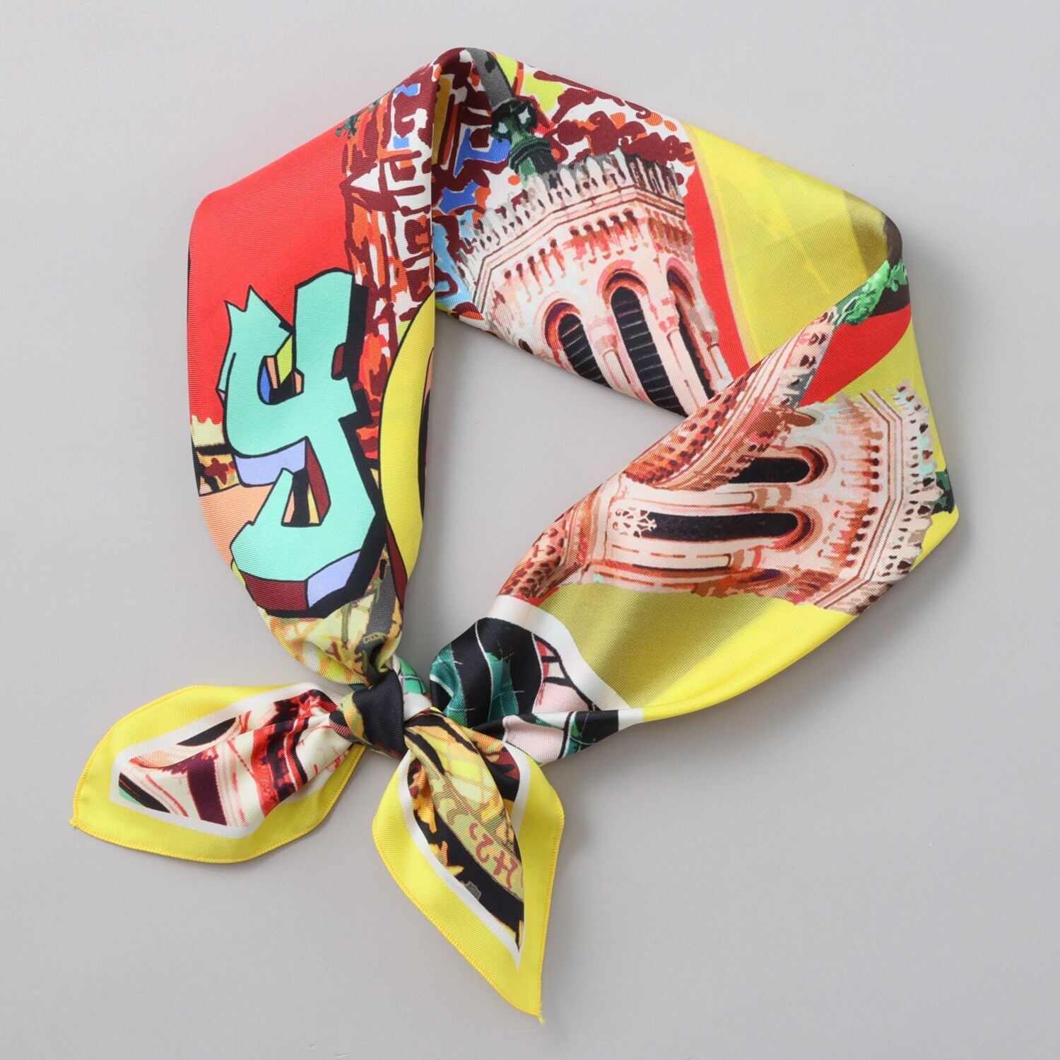 クーコ フランス製 シルク１００％ツイル リヨンシティプリント スクエアスカーフ