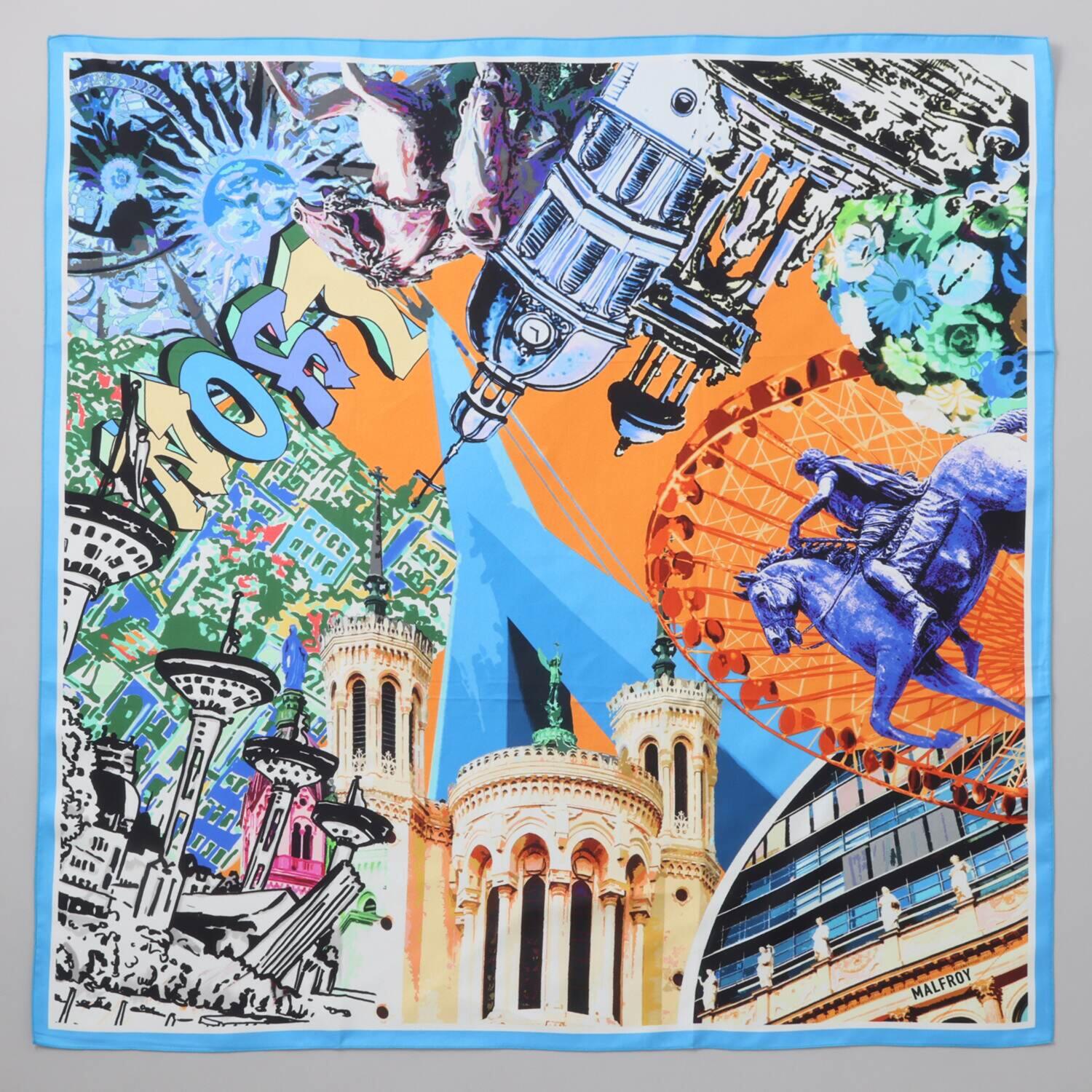 クーコ フランス製 シルク１００％ツイル リヨンシティプリント スクエアスカーフ