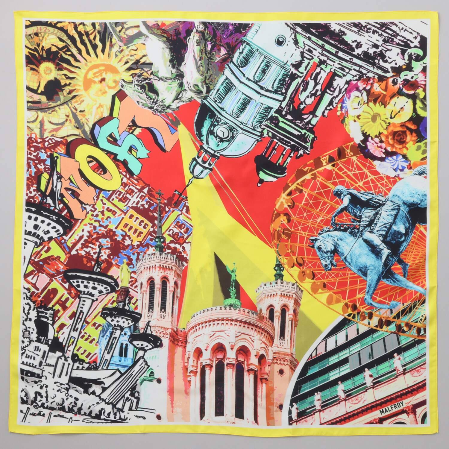 クーコ フランス製 シルク１００％ツイル リヨンシティプリント スクエアスカーフ