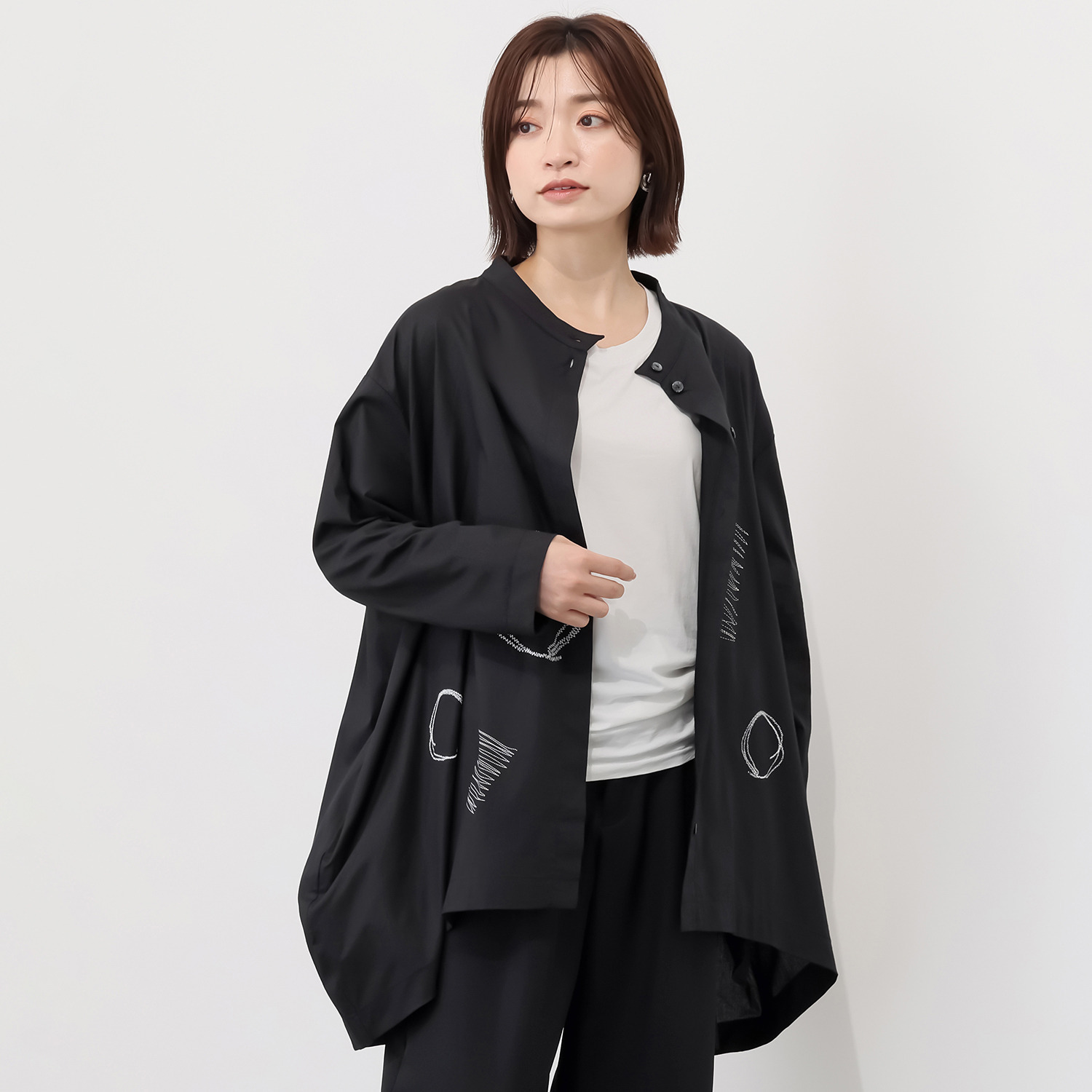 コイビトミサキ ステッチプリント ワイドシャツブラウス