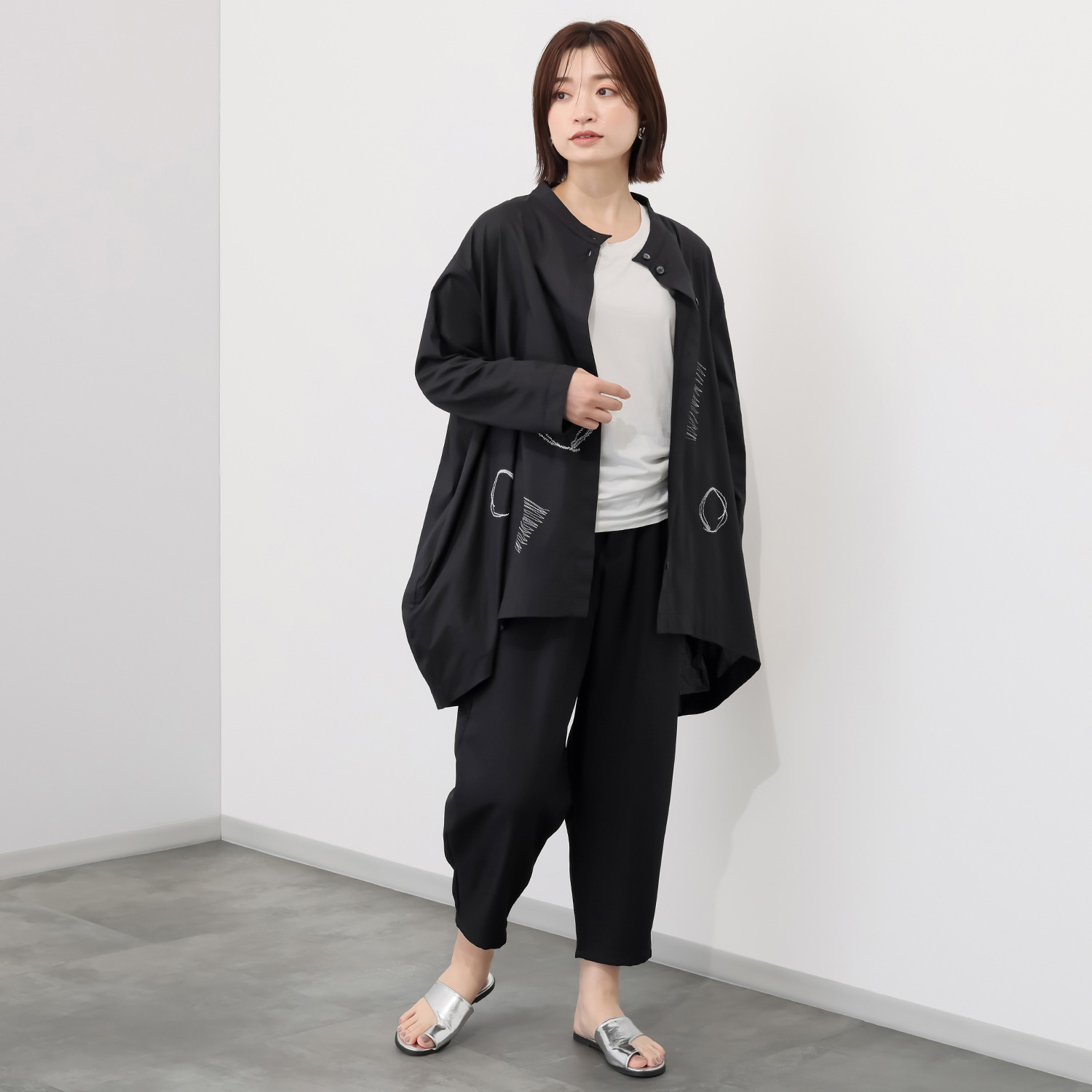 コイビトミサキ ステッチプリント ワイドシャツブラウス