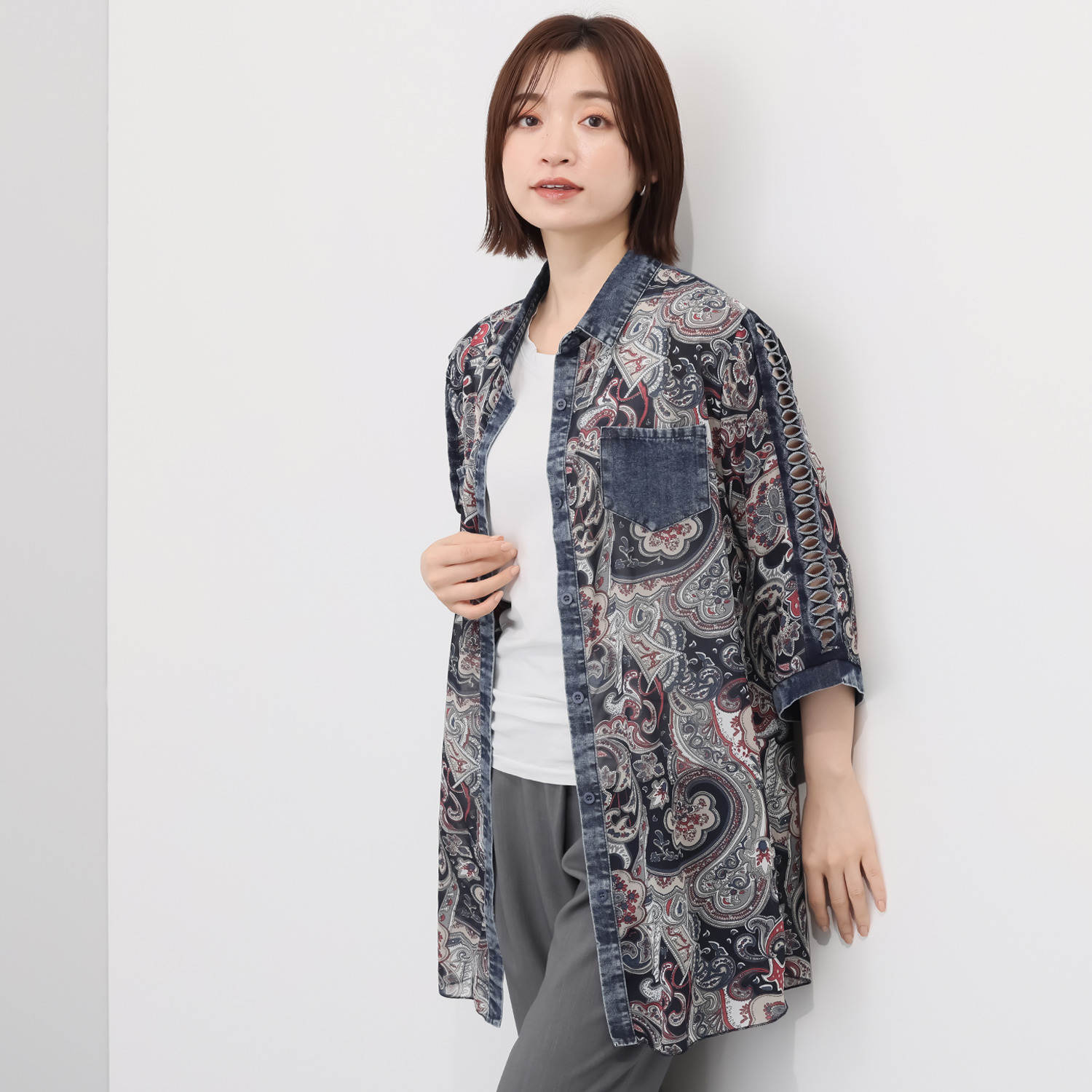 コイビトミサキ ペイズリー柄 シアーシャツブラウス