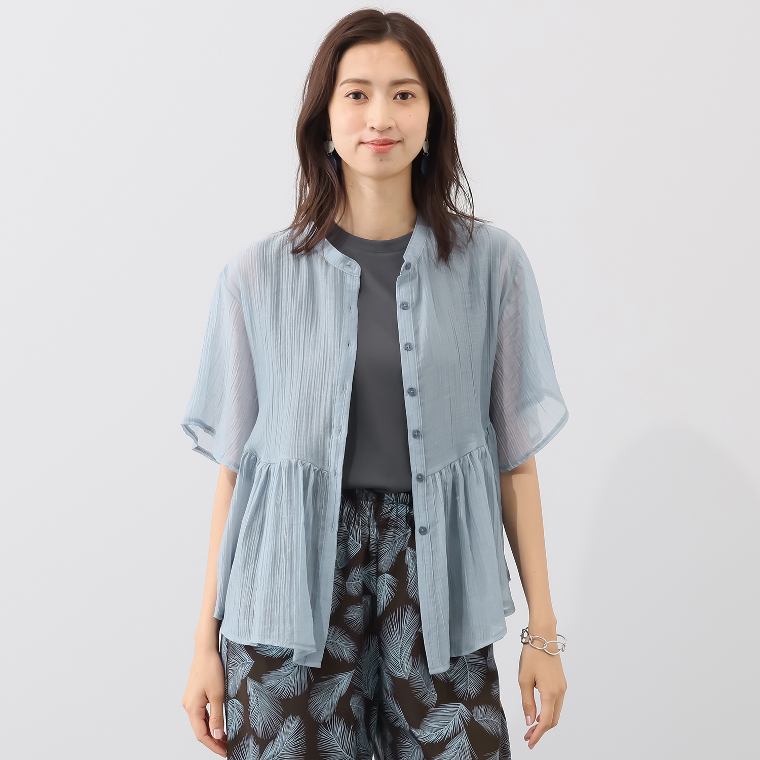 センスローブ シアークレープ ギャザーペプラム 羽織りブラウス