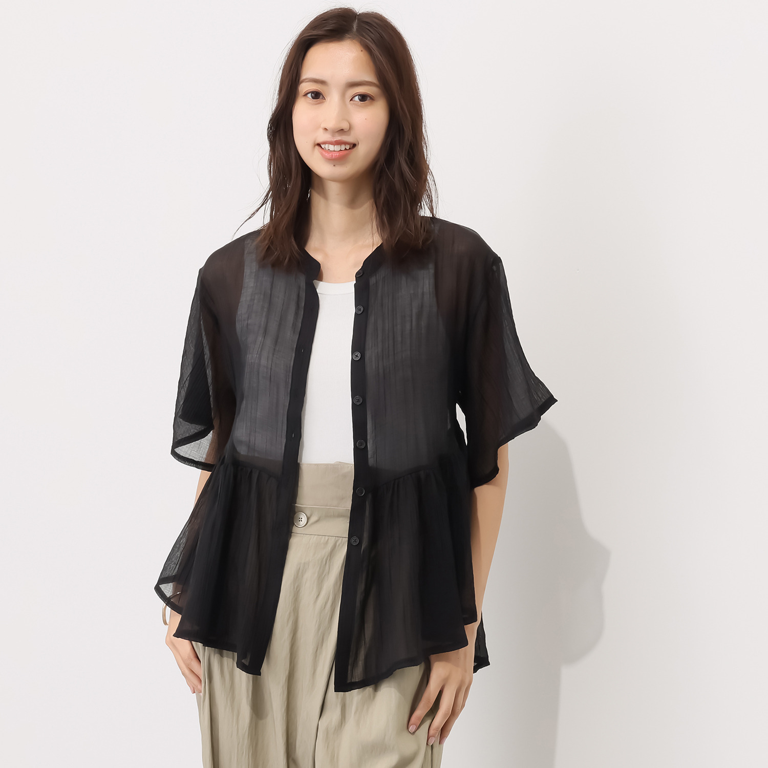 センスローブ シアークレープ ギャザーペプラム 羽織りブラウス