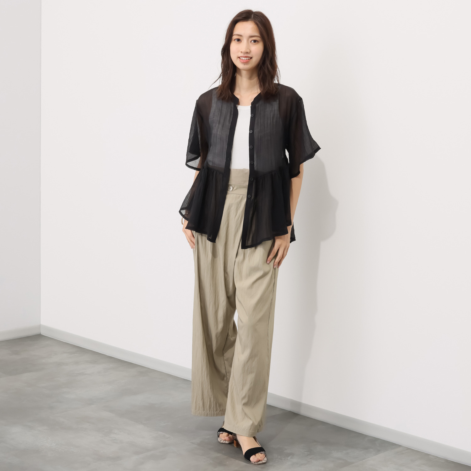 センスローブ シアークレープ ギャザーペプラム 羽織りブラウス