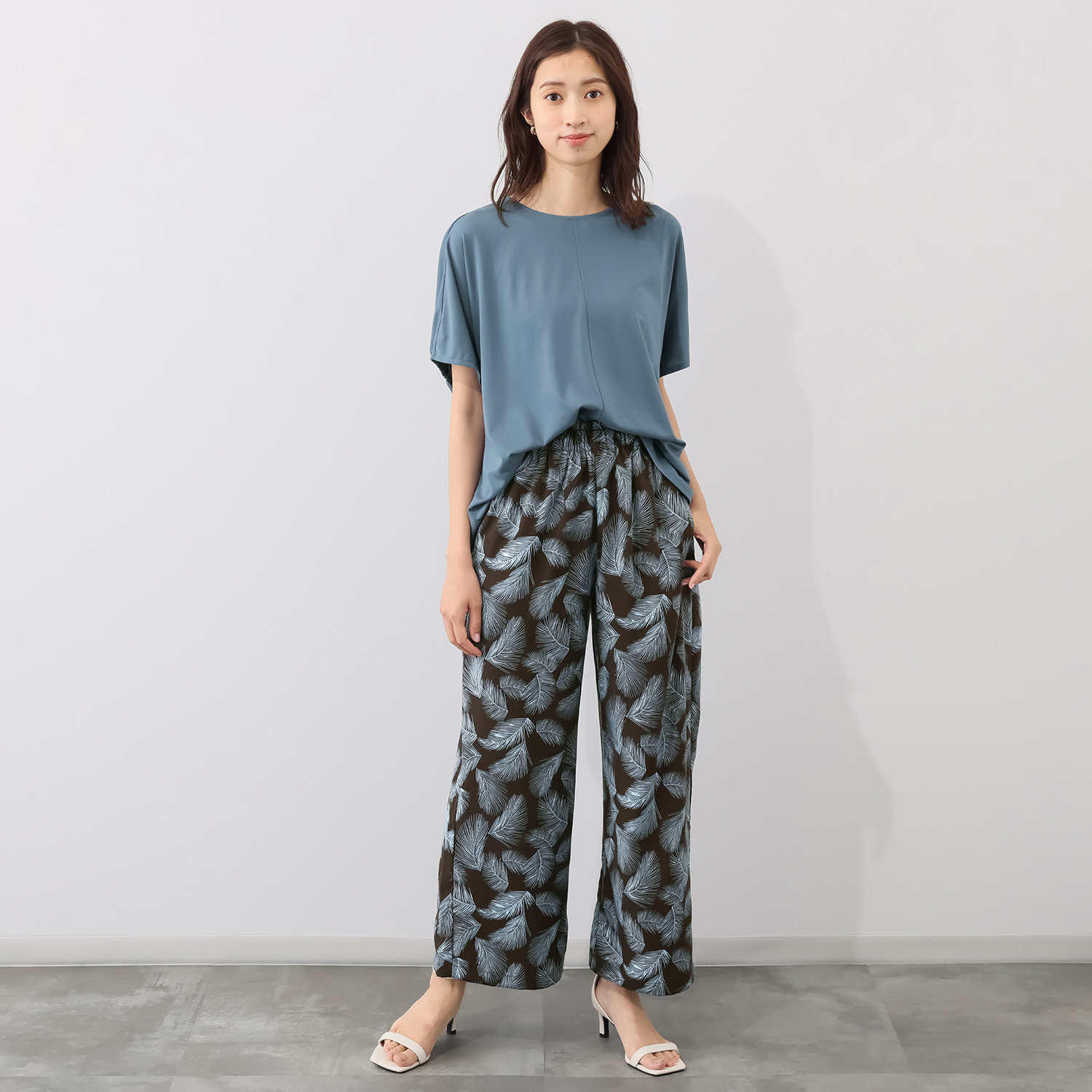 センスローブ ジョーゼット リーフ柄 イージーパンツ