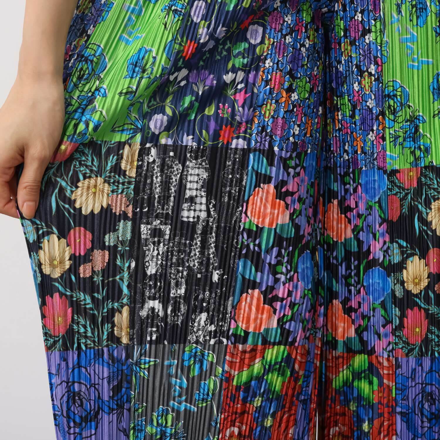 スカラー 花ネコパッチワーク柄 プリーツ加工パンツ