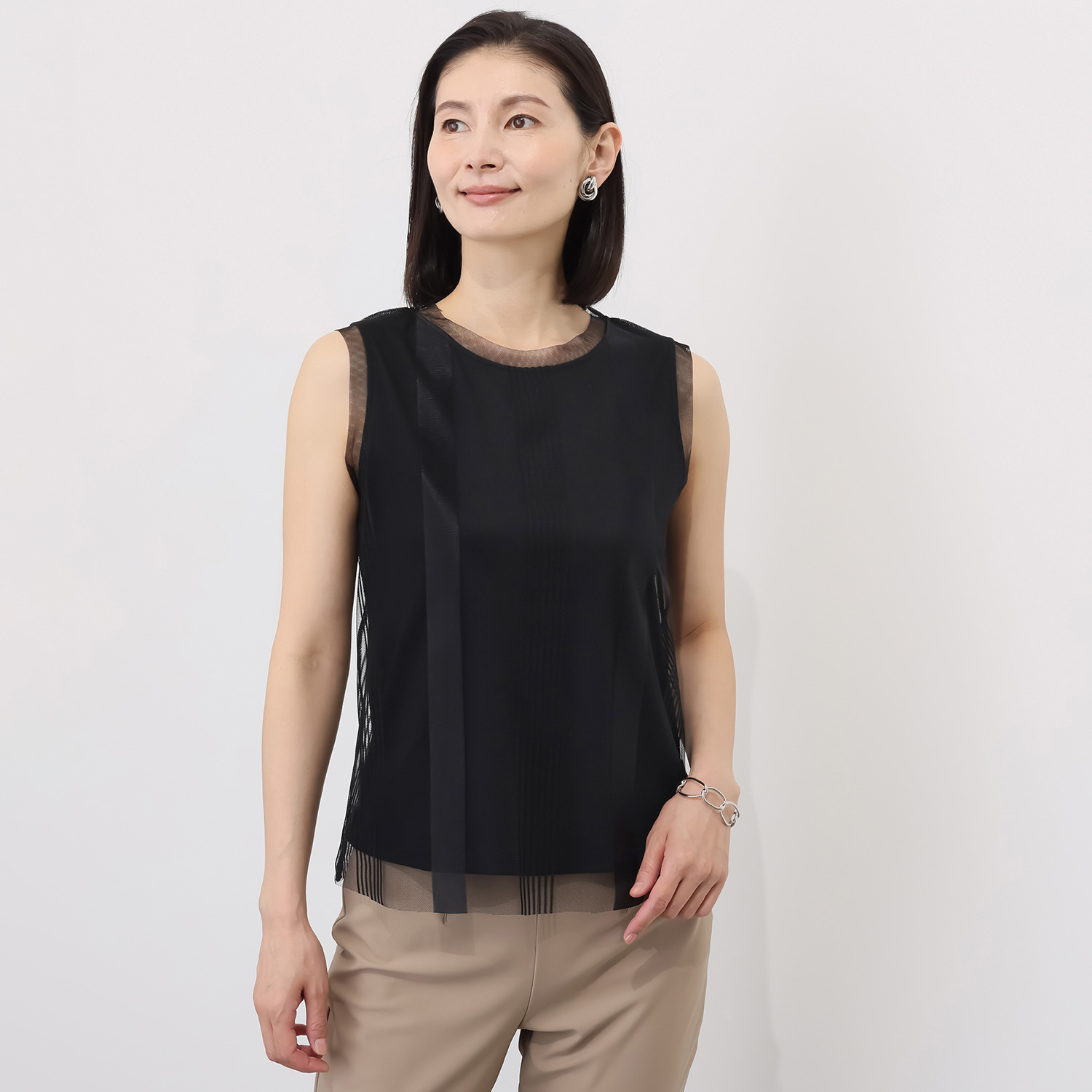 ラ　ヴァーグ　デトワール ストライプチュール素材と カットソーの 二枚仕立て タンクトッププルオーバー