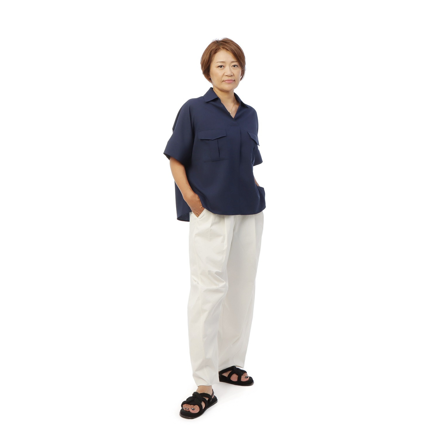 ヘブンアンドアース 接触冷感 ダブルポケット＆タック スキッパーシャツ