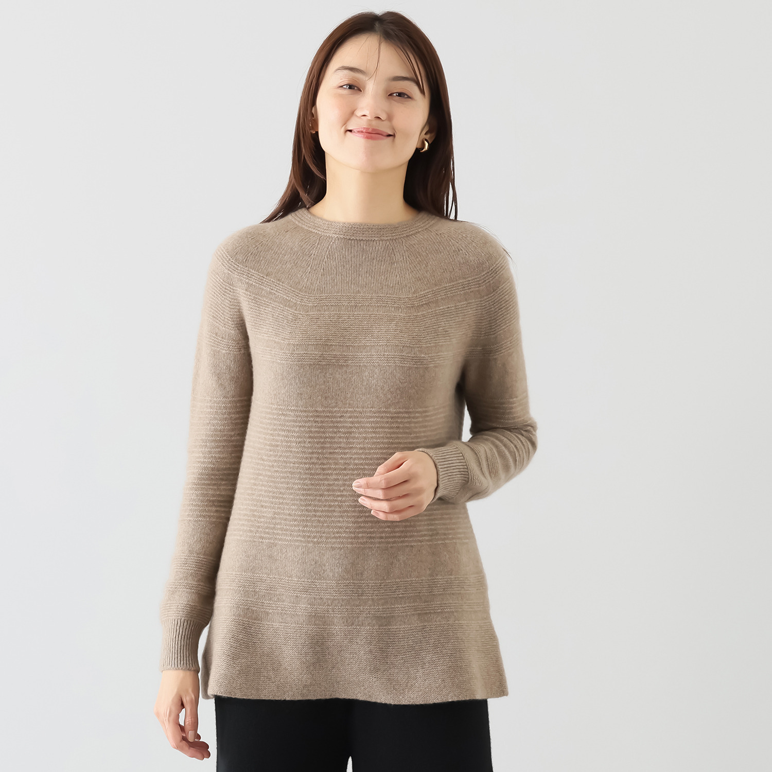 ルーエン　ローズ 日本製 内モンゴル産 カシミヤ１００％ 地柄ボーダー チュニックプルオーバー