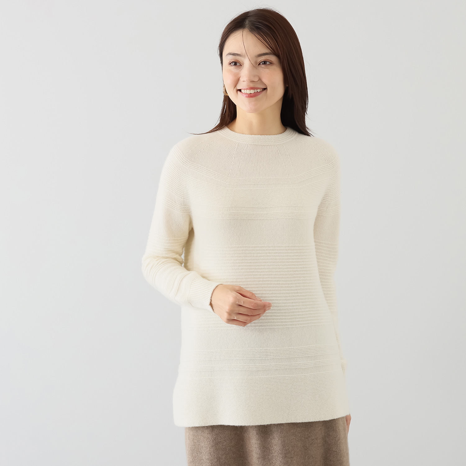 ルーエン　ローズ 日本製 内モンゴル産 カシミヤ１００％ 地柄ボーダー チュニックプルオーバー