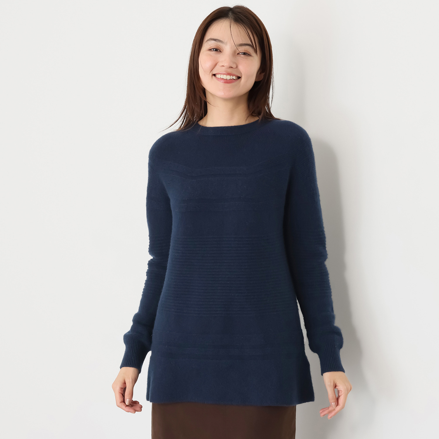 ルーエン　ローズ 日本製 内モンゴル産 カシミヤ１００％ 地柄ボーダー チュニックプルオーバー