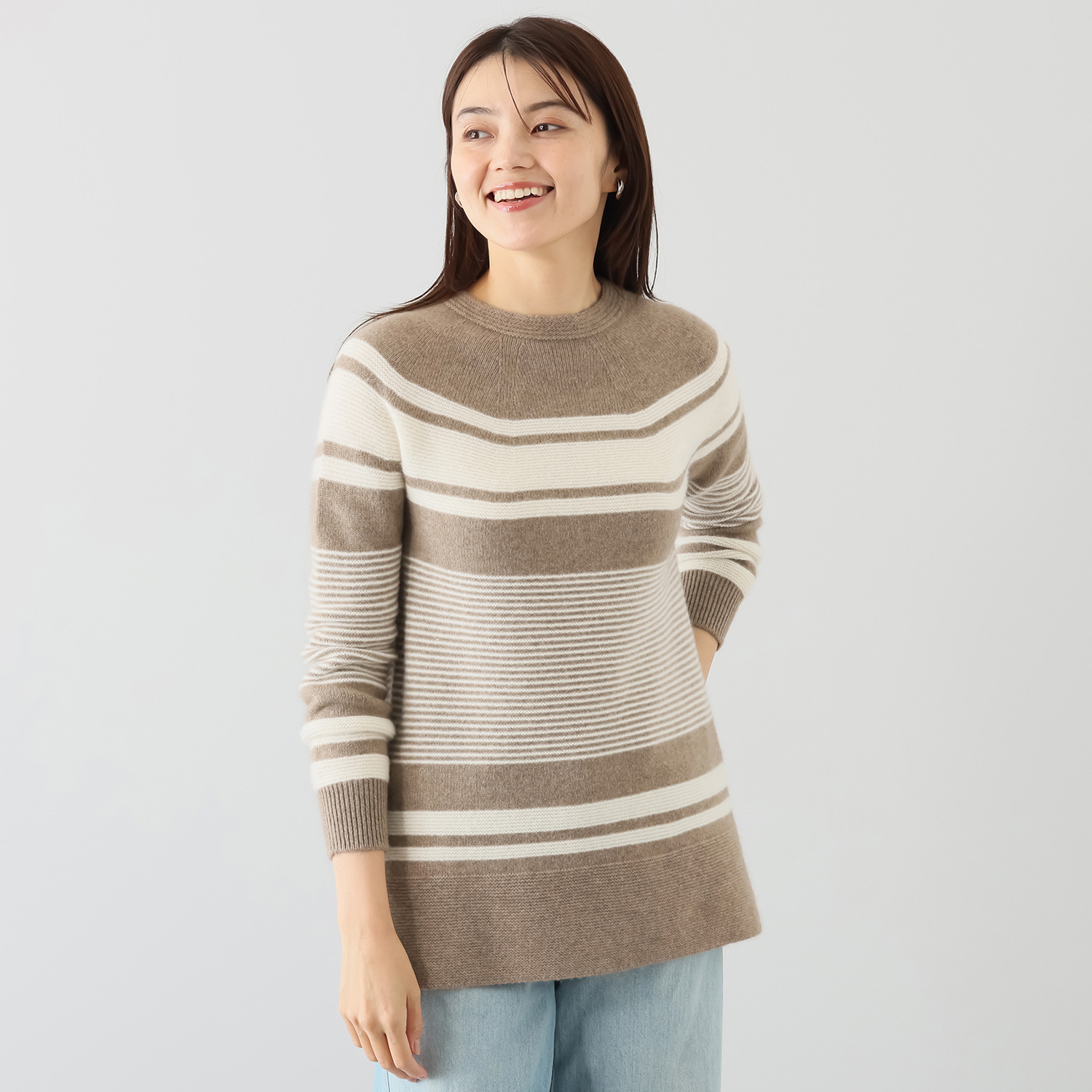 ルーエン　ローズ 日本製 内モンゴル産 カシミヤ１００％ 地柄ボーダー チュニックプルオーバー