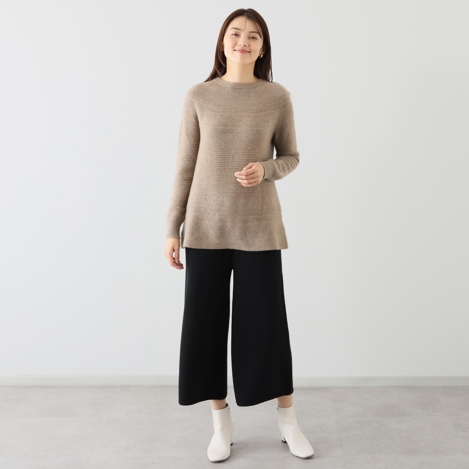 ルーエン　ローズ 日本製 内モンゴル産 カシミヤ１００％ 地柄ボーダー チュニックプルオーバー