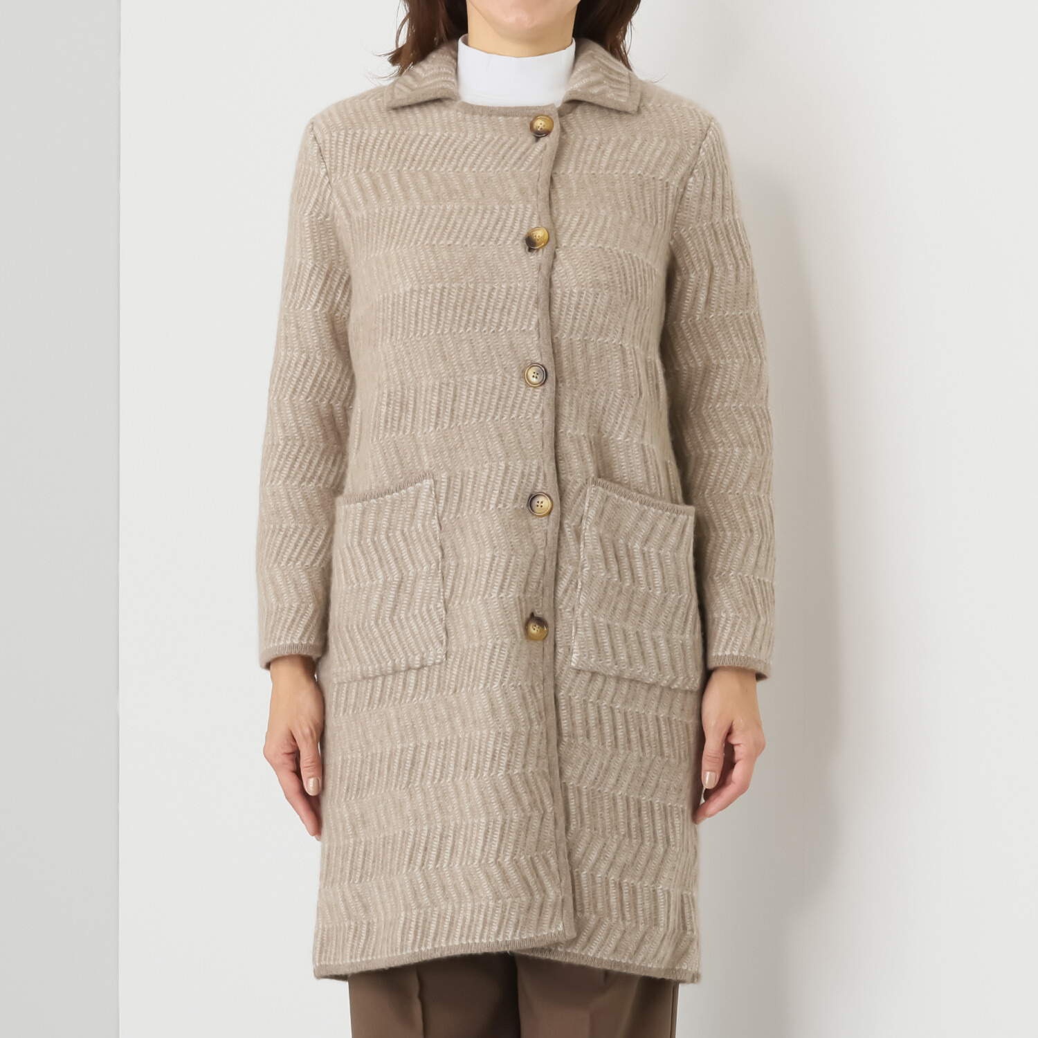 ルーエン　ローズ 日本製 内モンゴル産 カシミヤ１００％ ヘリンボーン柄ジャガード コート